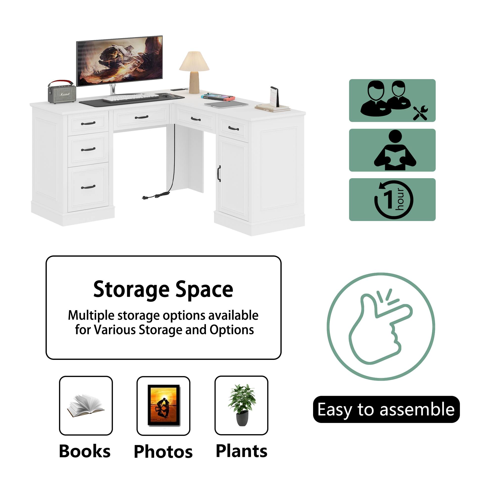 Storage Space: Multiple storage options available for various storage and options. Easy to assemble. Books, photos, plants.