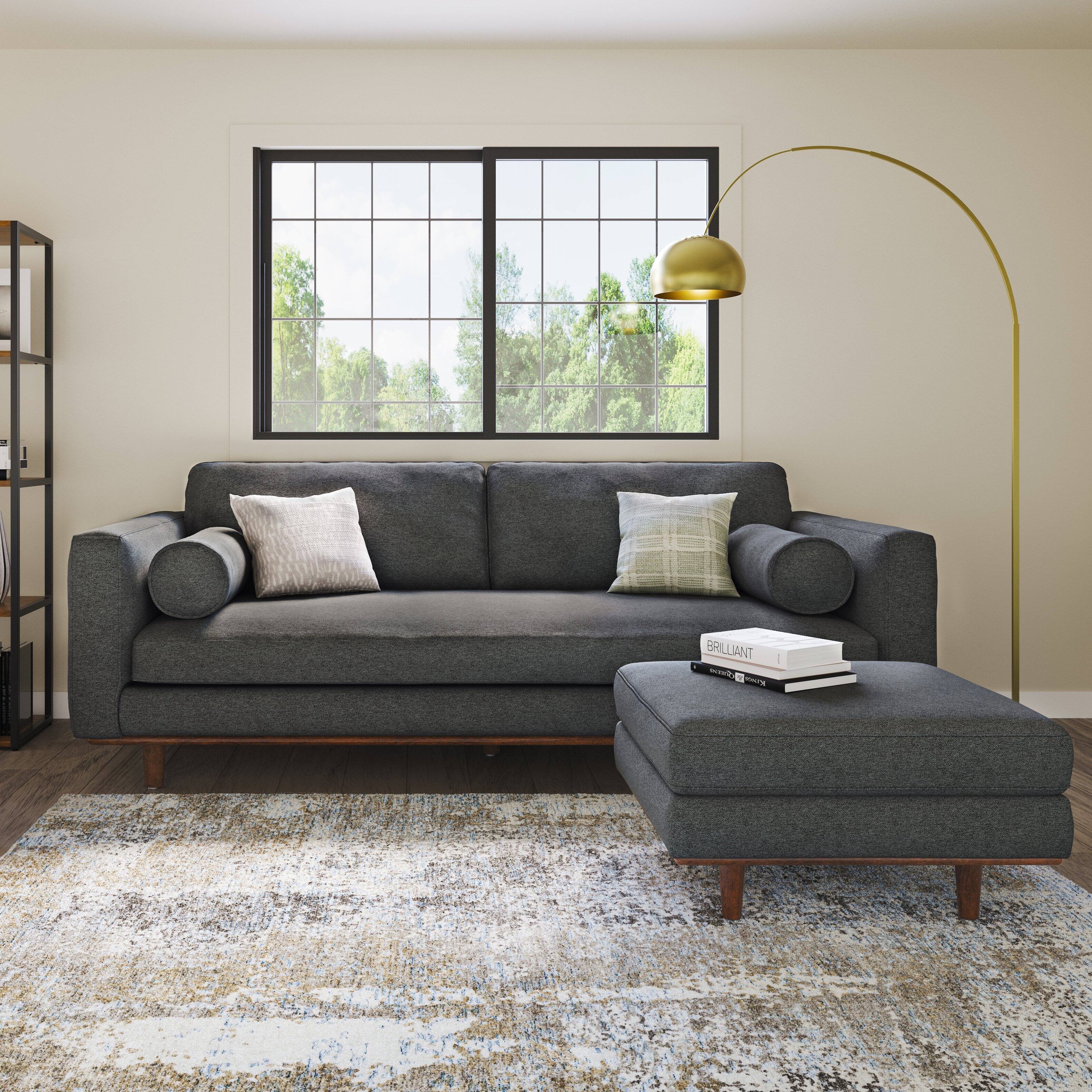 Angle. Simpli Home - Morrison Mid-Century Modern 72 inch Wide Sofa with Ottoman Set in Charcoal Grey Tightly Woven Performance Fabric - Charcoal Grey.