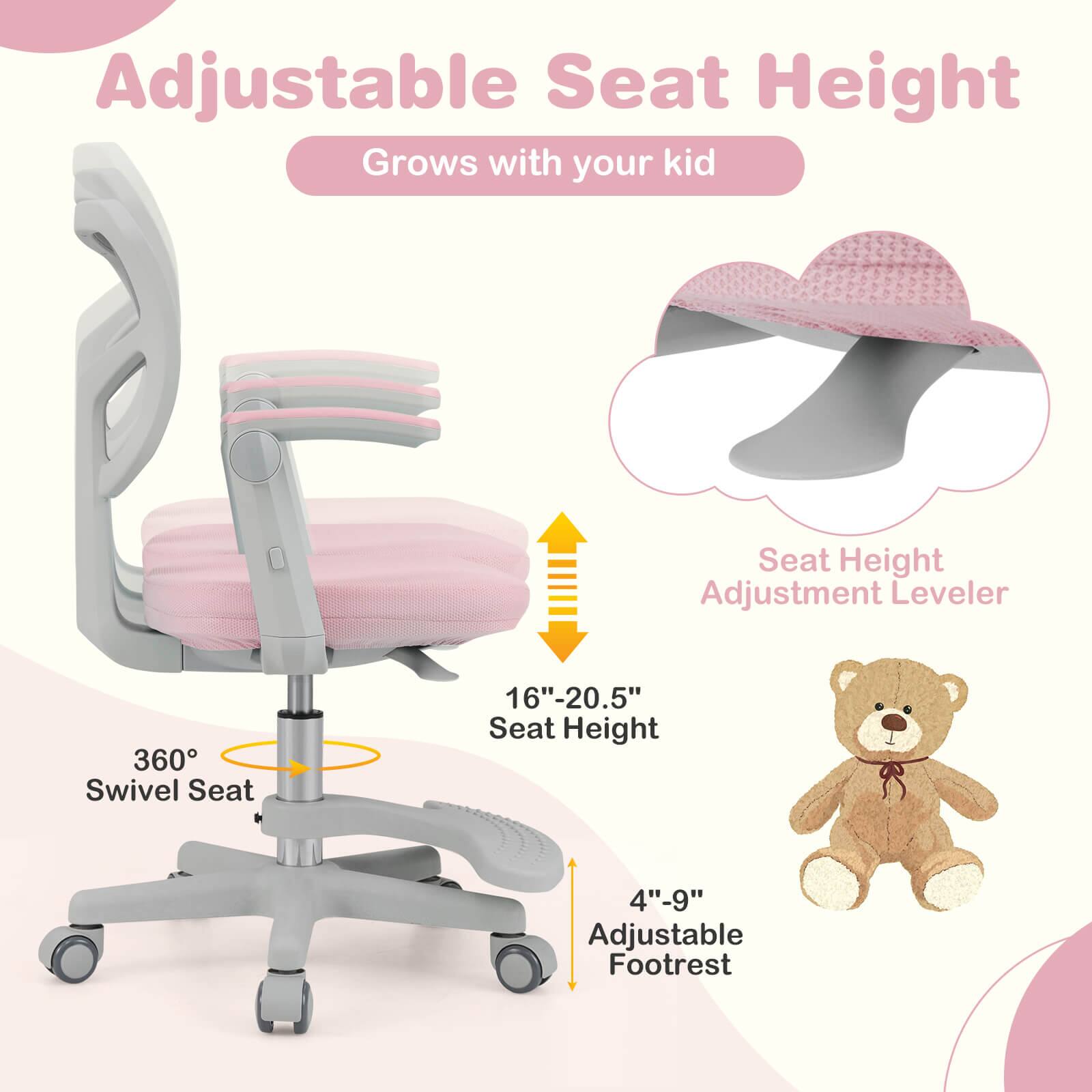 Adjustable Seat Height  
Grows with your kid  

360° Swivel Seat  

Seat Height Adjustment Leveler  
16"-20.5" Seat Height  

Adjustable Footrest  
4"-9" Foot Height
