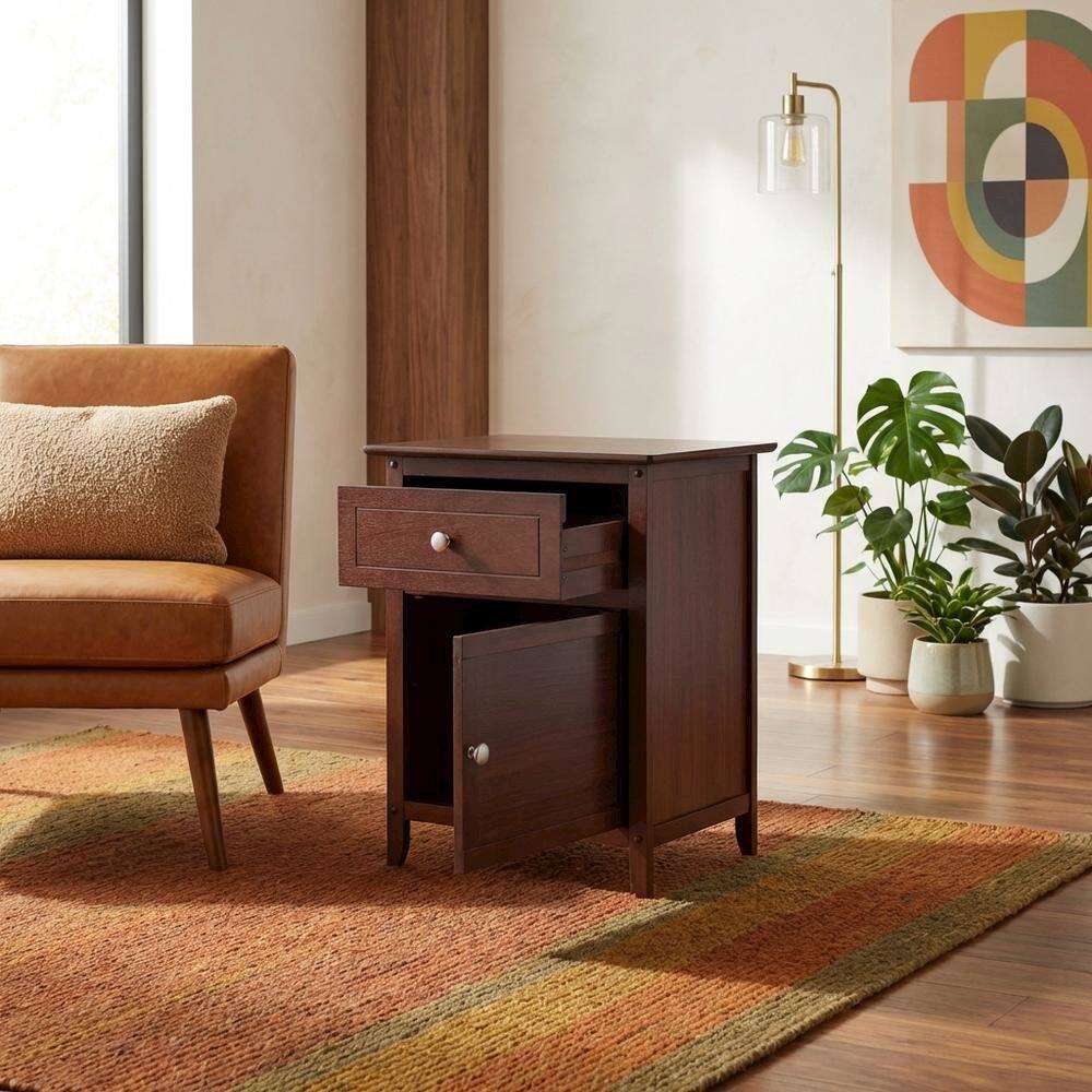Alt View 4. FurniFact - Farmhouse End Table With Storage in Walnut Finish, Wooden Side Table And Drawer - Walnut.