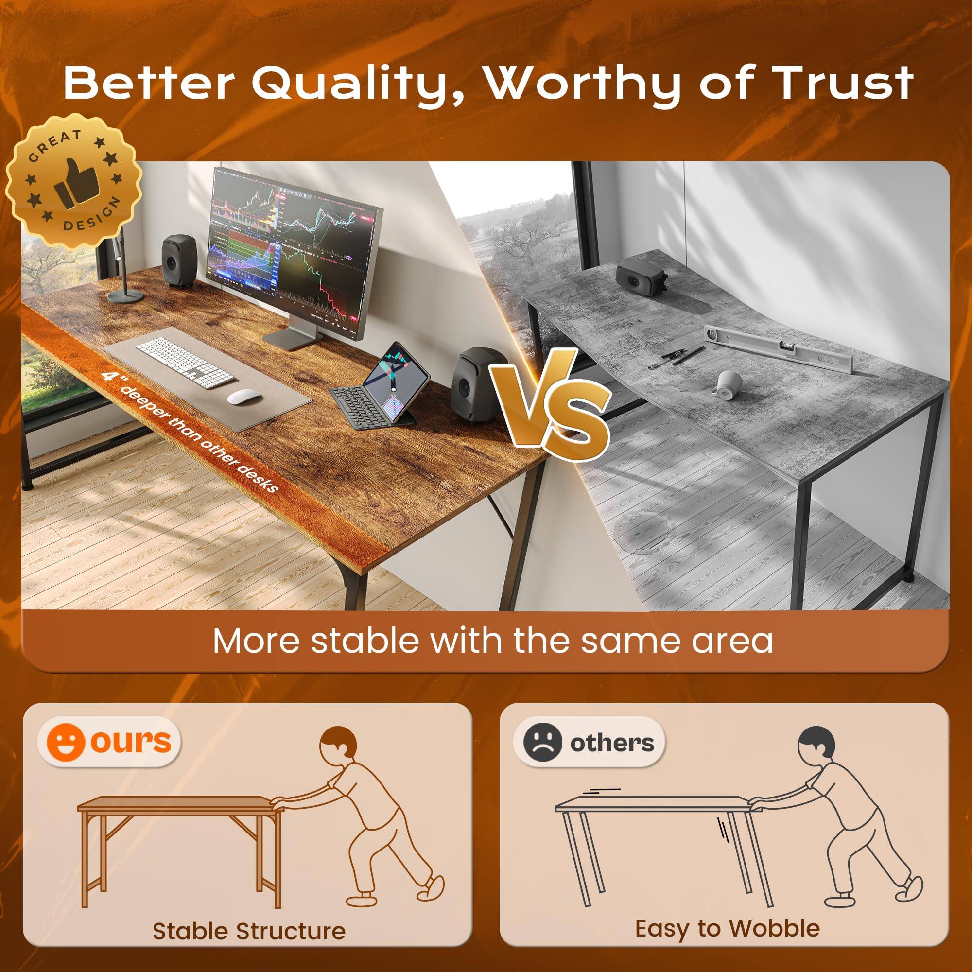 Better Quality, Worthy of Trust

GREAT DESIGN

4" deeper than other desks

VS

More stable with the same area

ours
Stable Structure

others
Easy to Wobble