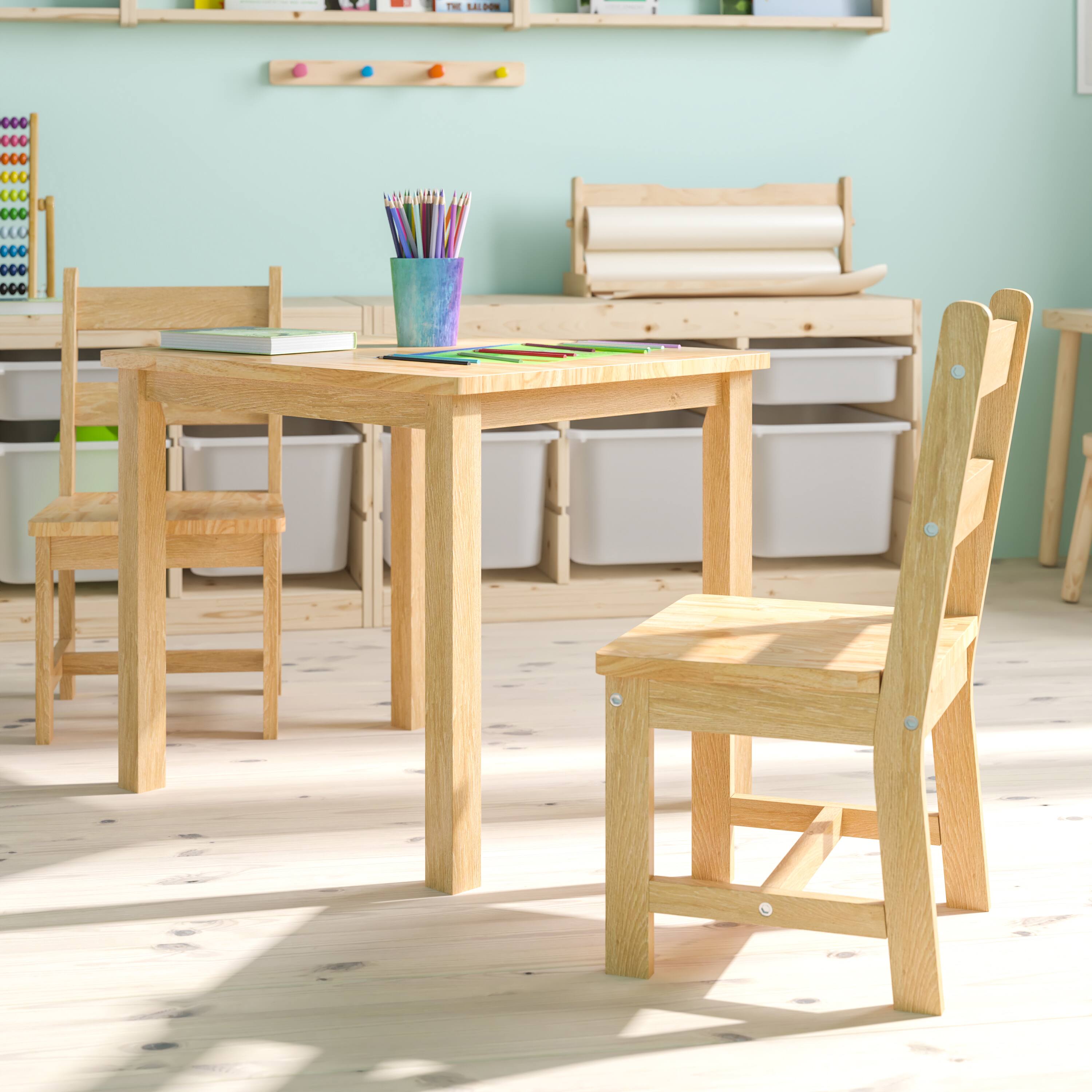 Alt View 5. Emma + Oliver - Kids 3 Piece Solid Hardwood Table and Chair Set for Playroom, Kitchen - Natural.
