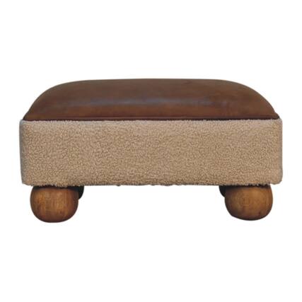 Front. Artisan Furniture - Artisan Furniture Solid Wood Vintage Leather Boucle Ball Footstool - Brown.