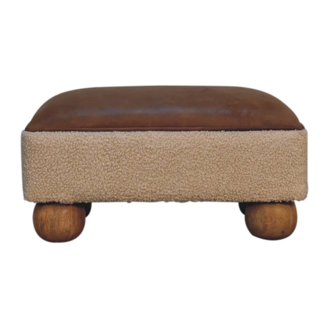 Front. Artisan Furniture - Artisan Furniture Solid Wood Vintage Leather Boucle Ball Footstool - Brown.