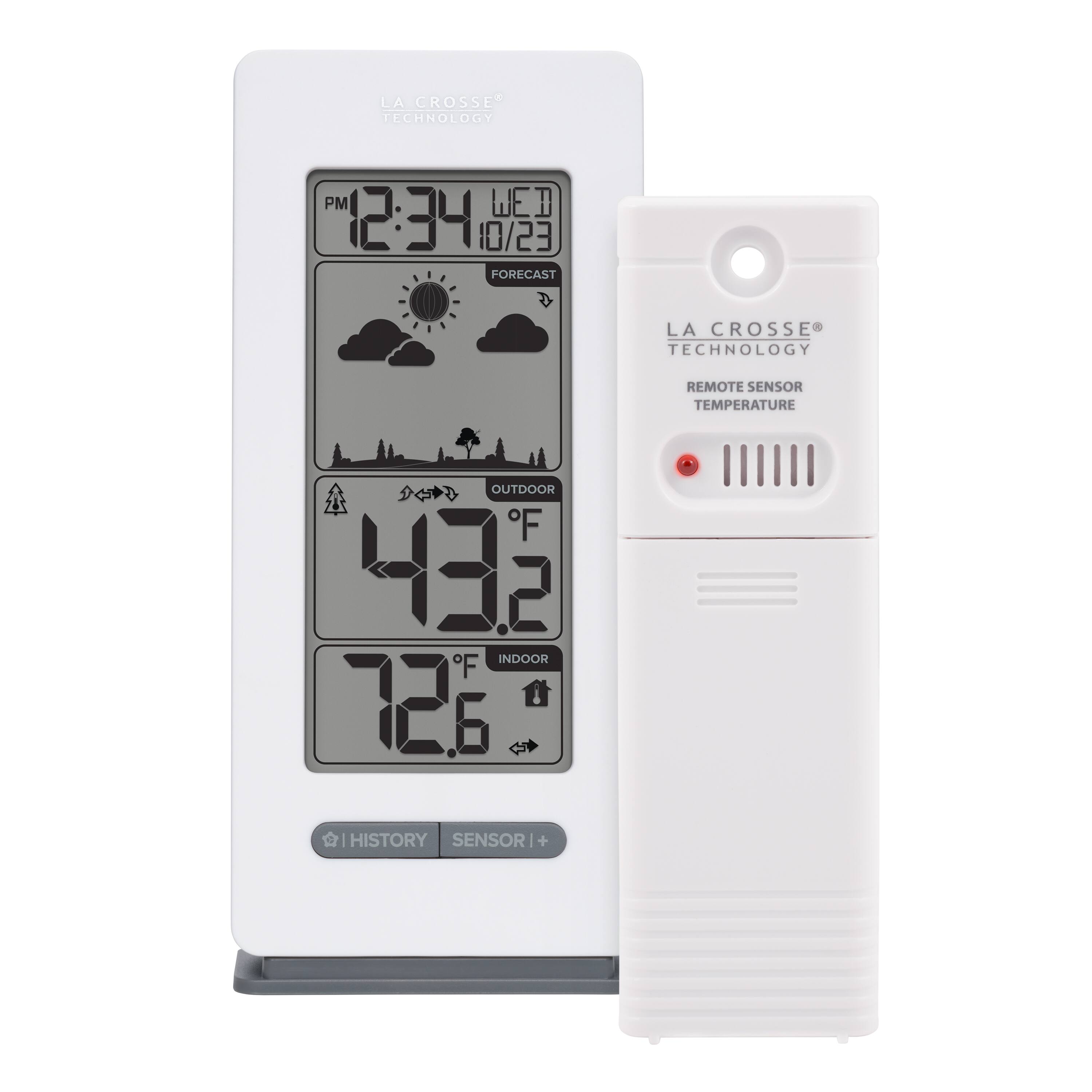LA CROSSE TECHNOLOGY  
PM 12:34 10/23 FORECAST  
LA CROSSE TECHNOLOGY  
REMOTE SENSOR TEMPERATURE  
OUTDOOR F 43.2 INDOOR F 72.6  
| HISTORY SENSOR | +