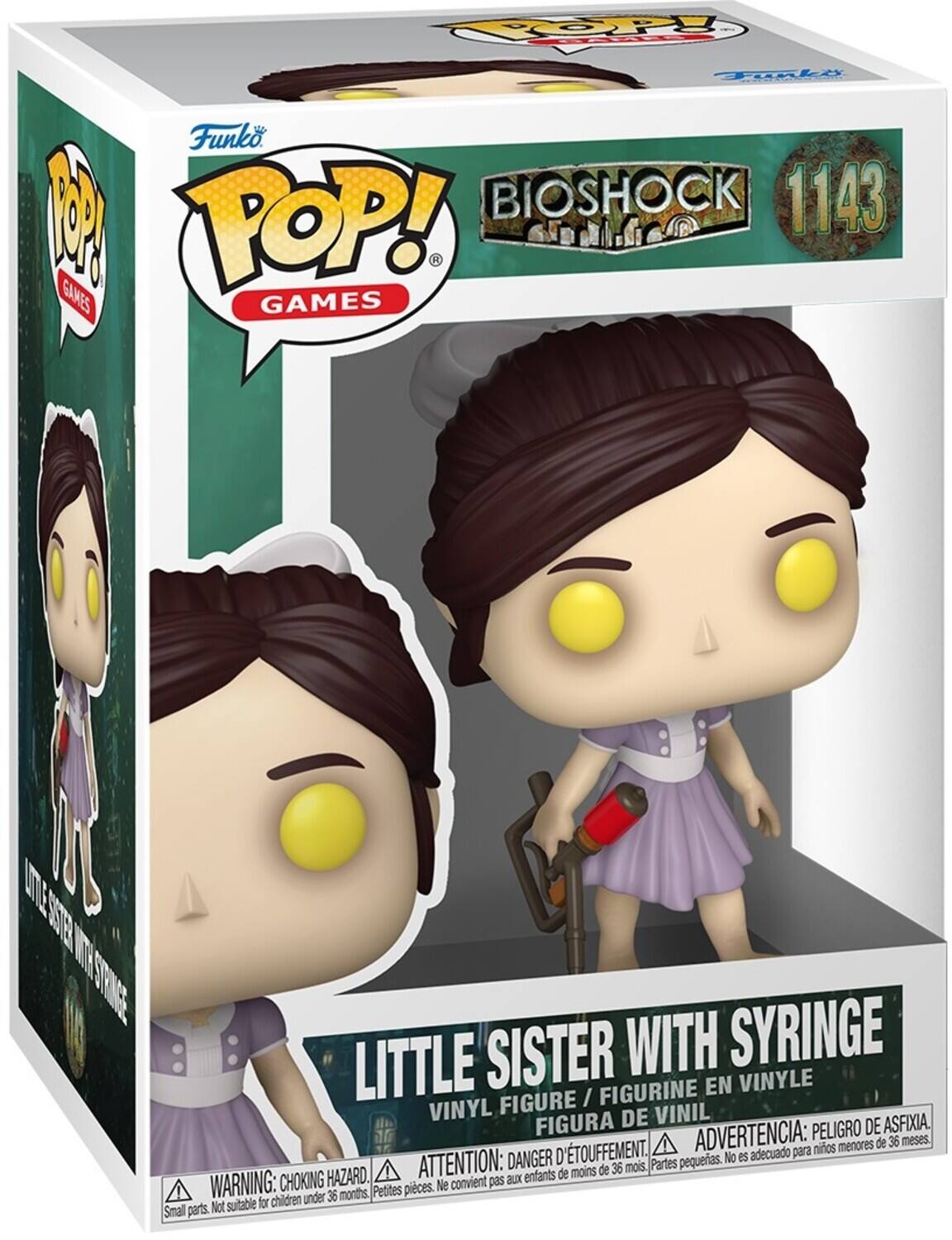 COOP Tole Funko 1 BIOSHOCK 1143 GAMES POP! GAMES  
LITTLE SISTER WITH SYRINGE FIGURINE EN VINYLE FIGURE / VINYL DE VINIL FIGURA DE VINIL  
PELIGRO DE ASFIXIA, D'TOUFFEMENT. ADVERTENCIA: para niños menores de 36 meses. DANGER D petites. No es adecuado HAZARD. ATTENTION: aux enfants de moins de 36 mois.  
WARNING: CHOKING HAZARD. Small parts. Not suitable for children under 36 months.