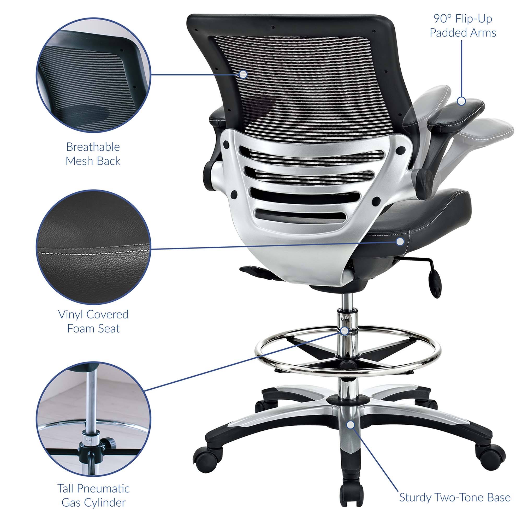 - 90° Flip-Up Padded Arms
- Breathable Mesh Back
- Vinyl Covered Foam Seat
- Tall Pneumatic Gas Cylinder
- Sturdy Two-Tone Base