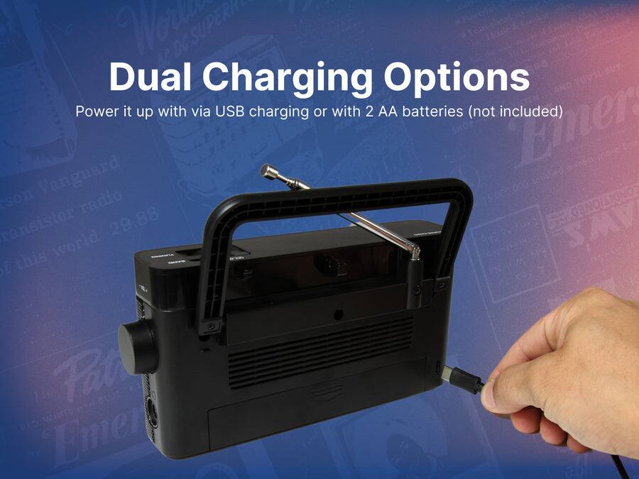 Dual Charging Options  
Power it up with via USB charging or with 2 AA batteries (not included)