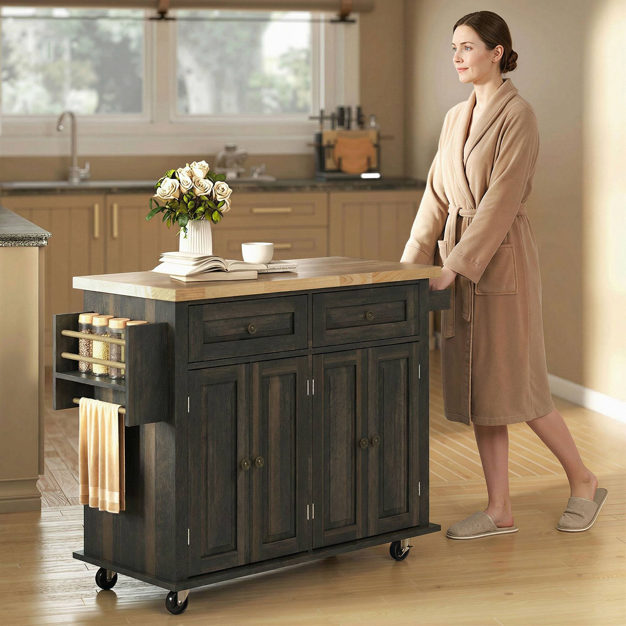 Alt View 7. Homcom - Mobile Kitchen Island Table, Kitchen Island Cart on Wheels with Storage Cabinets - Brown Oak.