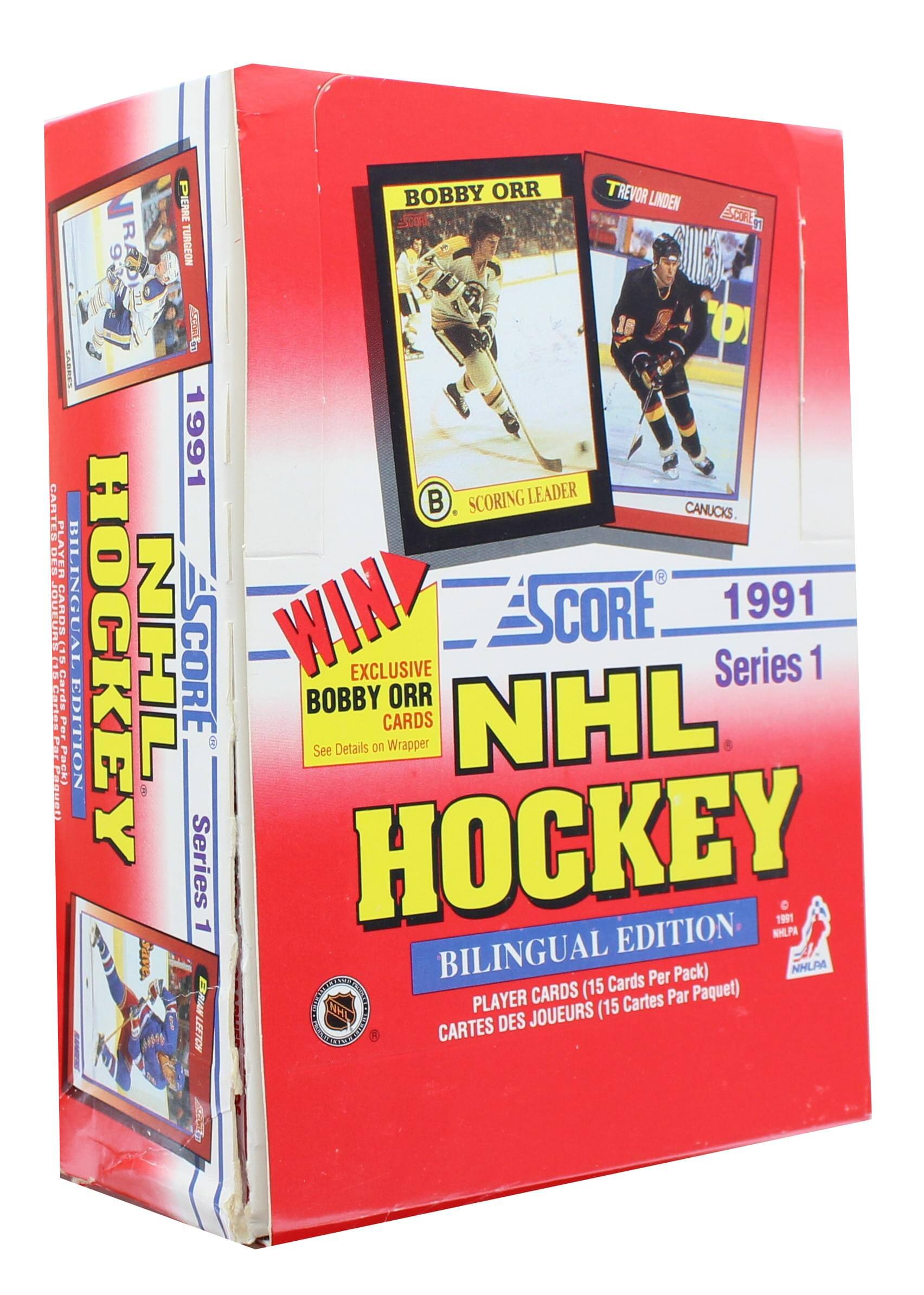 Sure, here is the corrected and grouped text from the image:

---

**NHL HOCKEY**

**1991**

**Series 1**

**Bilingual Edition**

**Player Cards (15 Cards Per Pack)**  
**Cartes des Joueurs (15 Cartes Par Paquet)**

**WIN! Exclusive Bobby Orr Cards**  
**See Details on Wrapper**

**Bilingual Edition**

**NHLPA**

**NHL**

**Score**

**Bilingual Edition**

**Player Cards (15 Cards Per Pack)**  
**Cartes des Joueurs (15 Cartes Par Paquet)**

**Bilingual Edition**

**NHLPA**

**NHL**

**Score**

**Bilingual Edition**

**Player Cards (15 Cards Per Pack)**  
**Cartes des Joueurs (15 Cartes Par Paquet)**

**Bilingual Edition**

**NHLPA**

**NHL**

**Score**

**Bilingual Edition**

**Player Cards (15 Cards Per Pack)**  
**Cartes des Joueurs (15 Cartes Par Paquet)**

**Bilingual Edition**

**NHLPA**

**NHL**

**Score**

**Bilingual Edition**

**Player Cards (15 Cards
