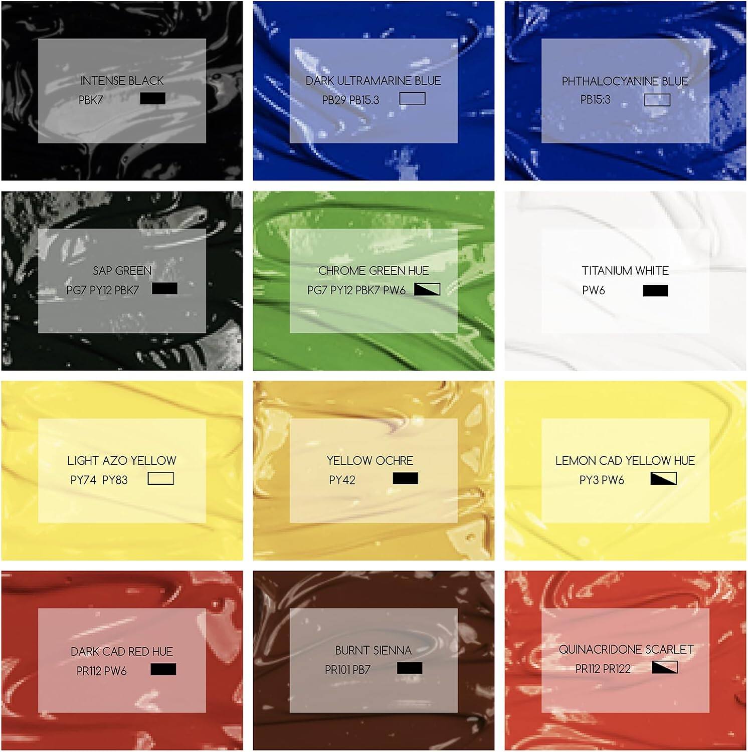 INTENSE BLACK PBK7

DARK ULTRAMARINE BLUE PB29 PB15.3

PHTHALOCYANINE BLUE PB15:3

SAP GREEN PG7 PY12 PBK7

CHROME GREEN HUE PG7 PY12 PBK7 PW6

TITANIUM WHITE PW6

LIGHT AZO YELLOW PY74 PY83

YELLOW OCHRE PY42

LEMON CAD YELLOW HUE PY3 PW6

DARK CAD RED HUE PRT12 PW6

BURNT SIENNA PR101 PB7

QUINACRIDONE SCARLET PR112 PR122