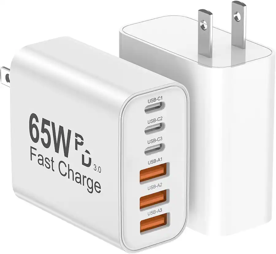 USB-C Wall Charger, 1-Pack 65W 6-Port Fast Charging Power Adapter with PD & QC for iPhone 17/16/15/14/13/12/11 Pro Max, — front view