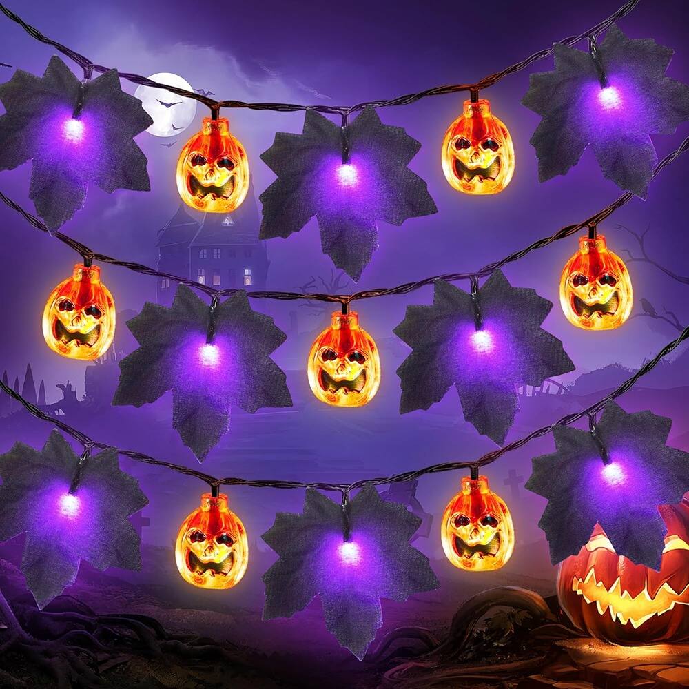 Front. PARKER SLATER - 30 LED Halloween String Lights with Timer, 3D Maple Leaf Pumpkin, Battery Operated.