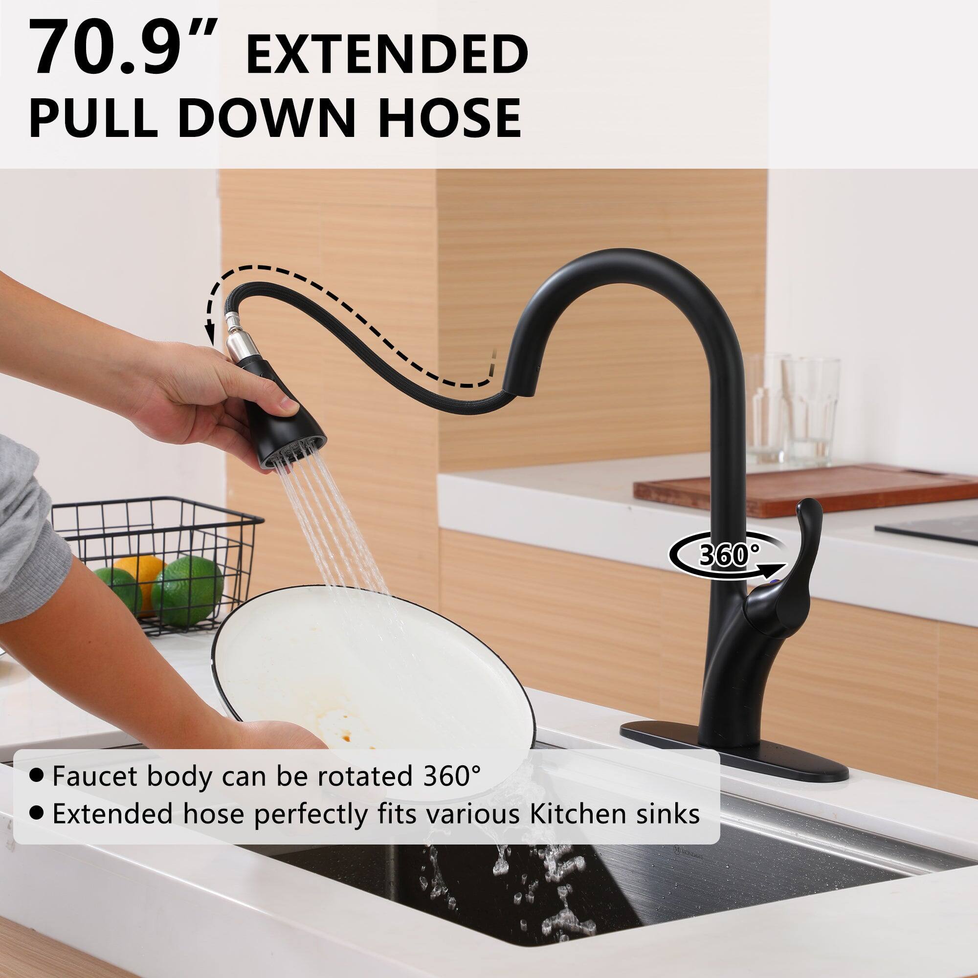 70.9" EXTENDED PULL DOWN HOSE

Faucet body can be rotated 360°
Extended hose perfectly fits various Kitchen sinks