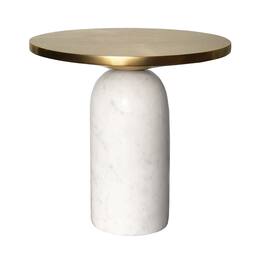 Manhattan Lane - 17 Inch Round Brass Modern Accent End Table with Cylindrical Marble Base - Brass, White
