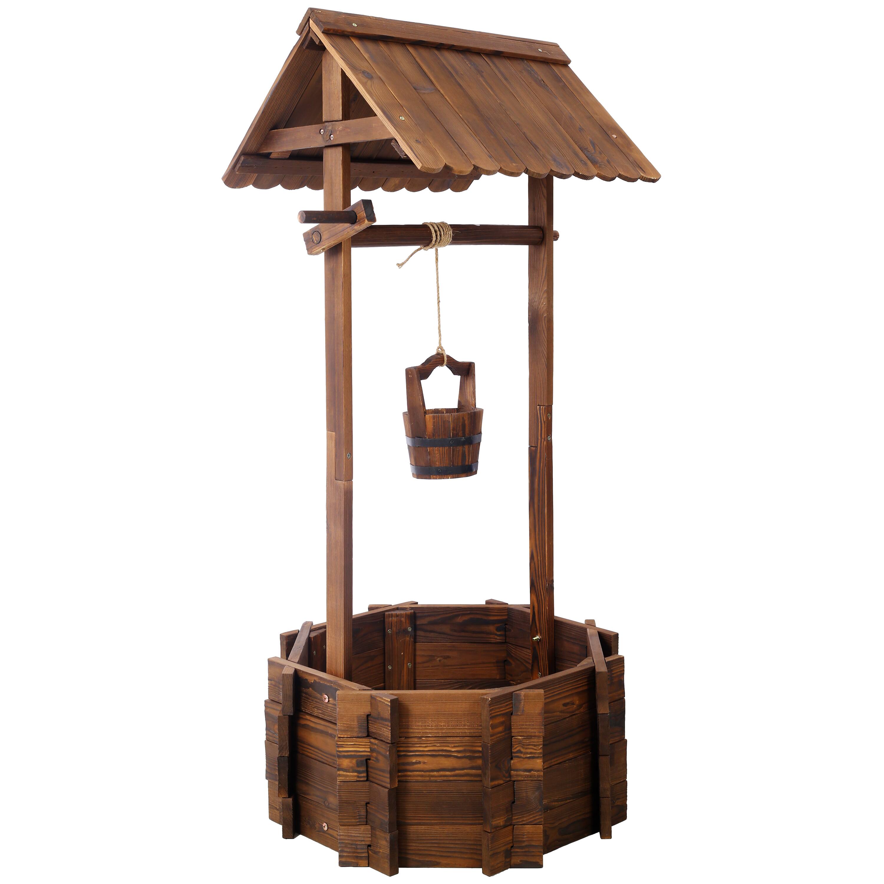 Back. GOODSILO - Rustic Wooden Wishing Well Planter for Garden and Patio Decor with Hanging Bucket and Protective Roof - Brown.