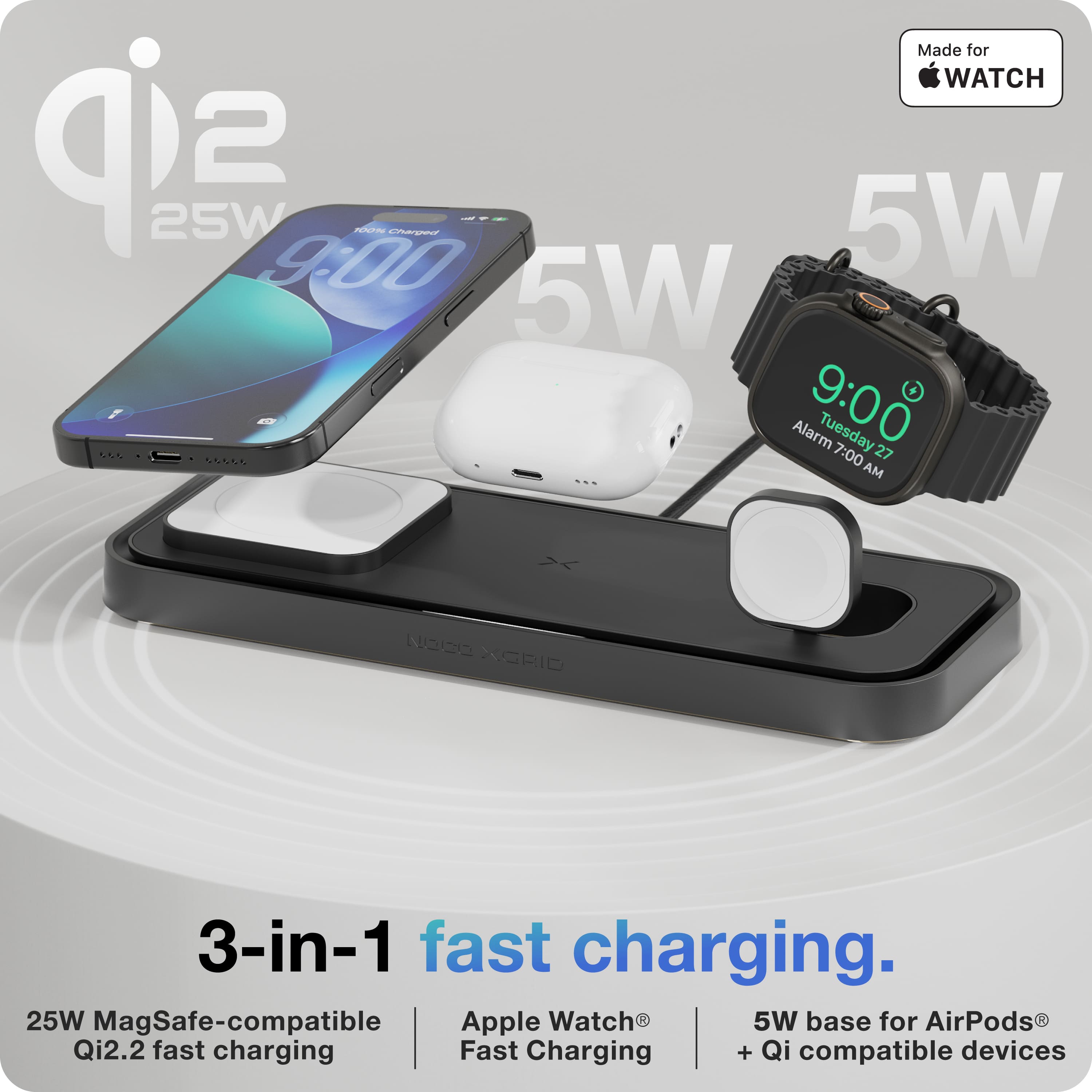 NOCO XGrid XDP3: 3 in 1 Wireless Charging Pad – 25W Charging