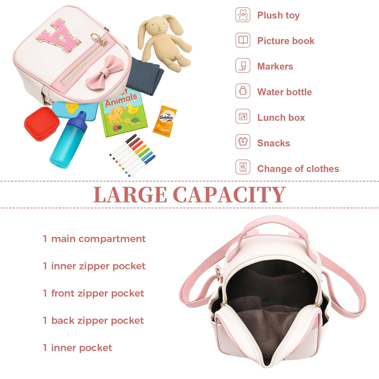 - Plush toy
- Picture book
- Markers
- Water bottle
- Lunch box
- Snacks
- Change of clothes

LARGE CAPACITY

1 main compartment
1 inner zipper pocket
1 front zipper pocket
1 back zipper pocket
1 inner pocket