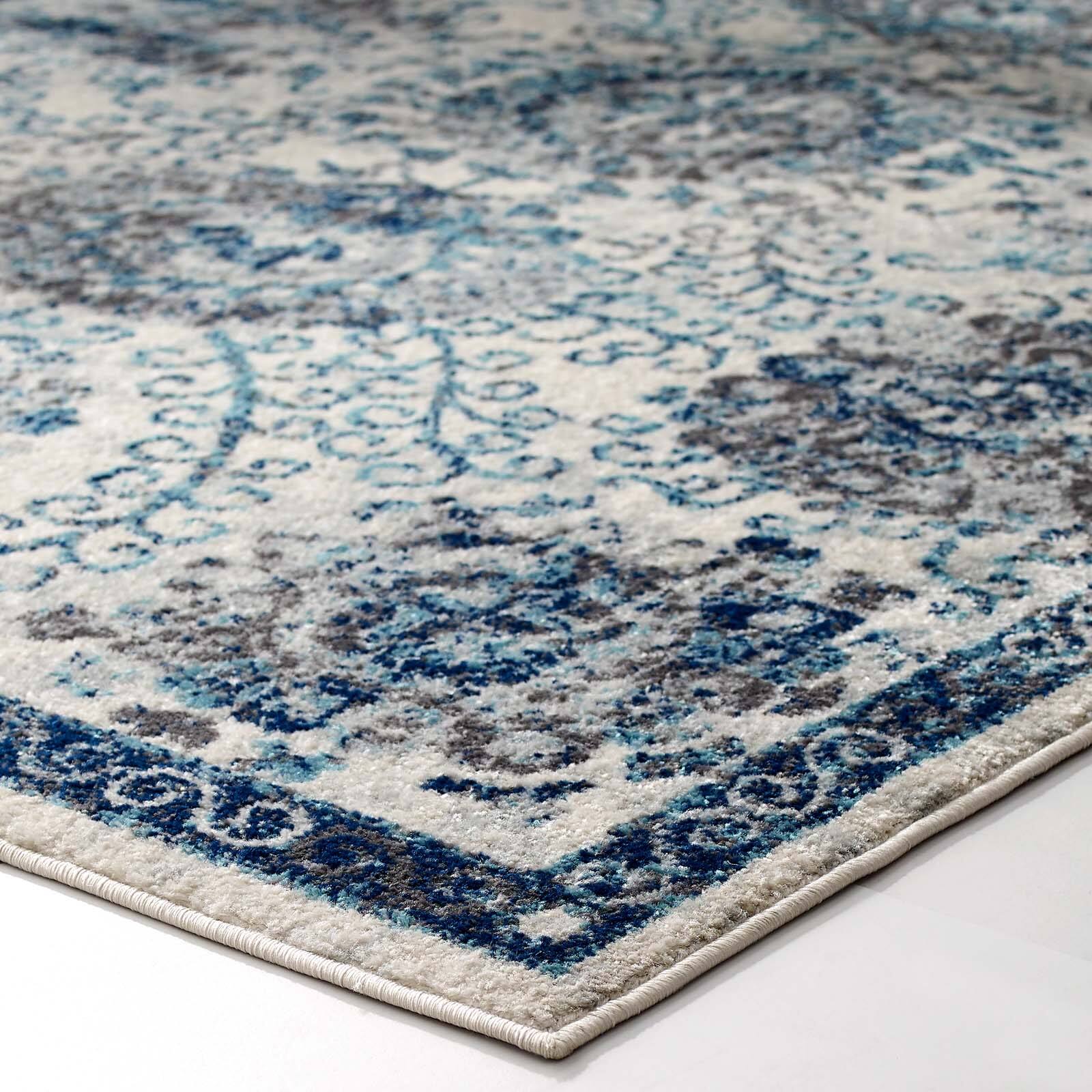 Back. Modway - Entourage Kensie Distressed Floral Moroccan Trellis Area Rug - Ivory and Blue.