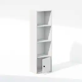 Furinno - Luder 4-Tier Standing Shelf Bookcase with 1 Door Storage Cabinet, White - White