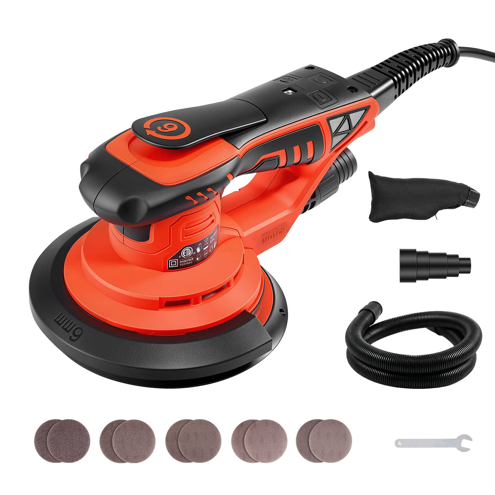 VEVOR - 6-Inch Random Orbital Sander 400W Brushless Orbital Sander, 4000-10000RPM 7 Speeds Electric Palm Sanders - Orange;Black