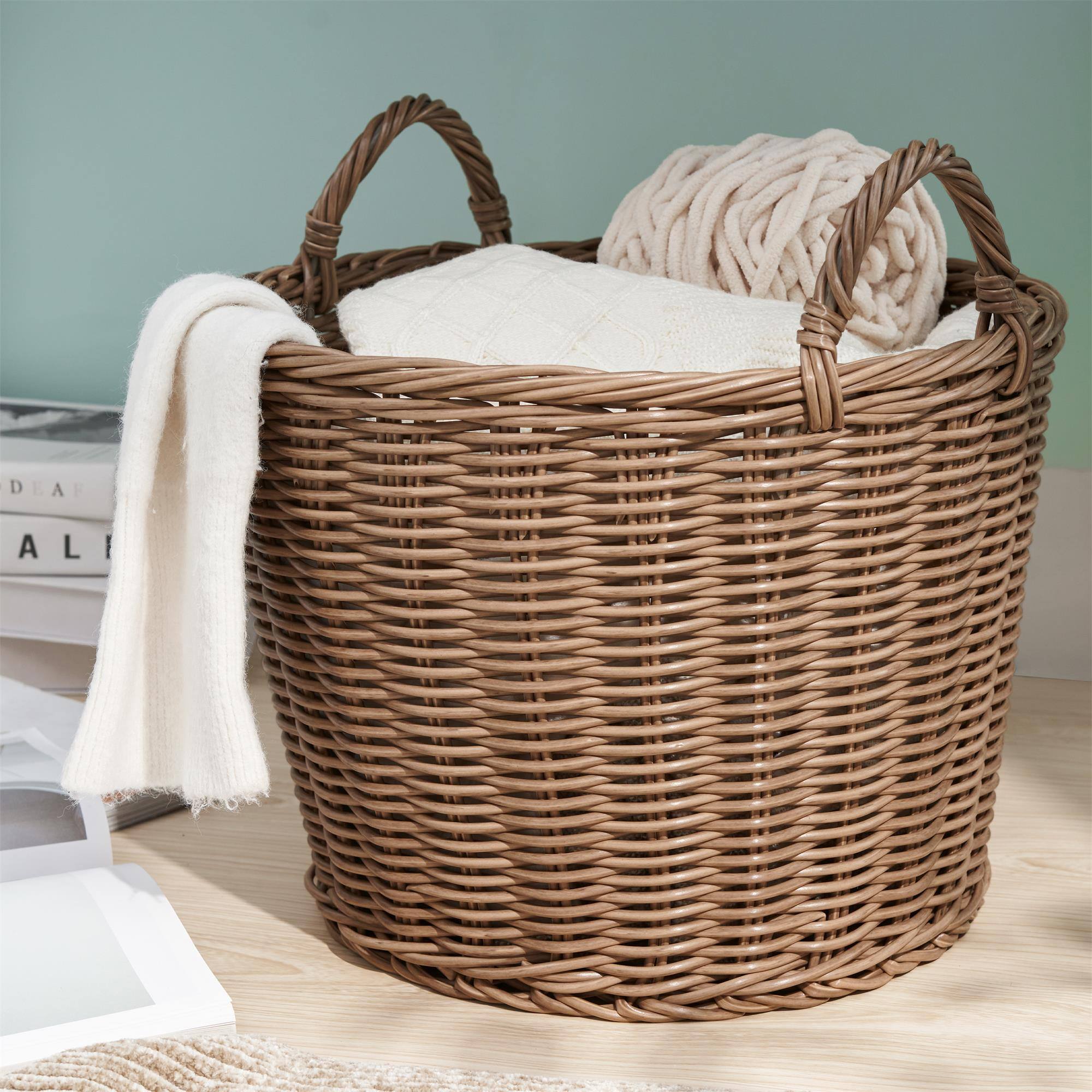 Alt View 5. Boyel Living - Chocolate Brown Round Cone Resin Wicker Storage Basket with Handles 16-in L x 16-in W x 10.5-in H for Home Organization - Chocolate Brown.
