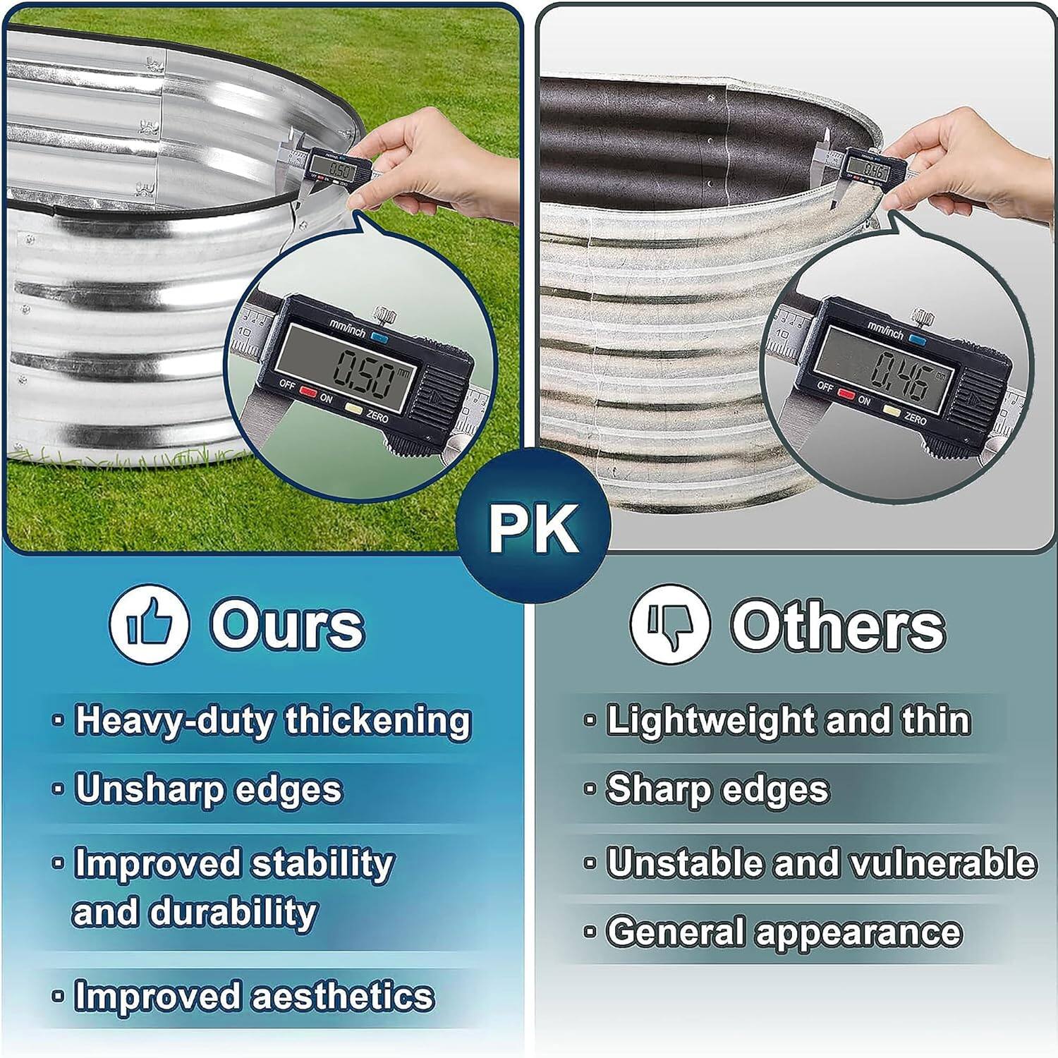 **PK**

**Ours**
- Heavy-duty thickening
- Unsharp edges
- Improved stability and durability
- Improved aesthetics

**Others**
- Lightweight and thin
- Sharp edges
- Unstable and vulnerable
- General appearance