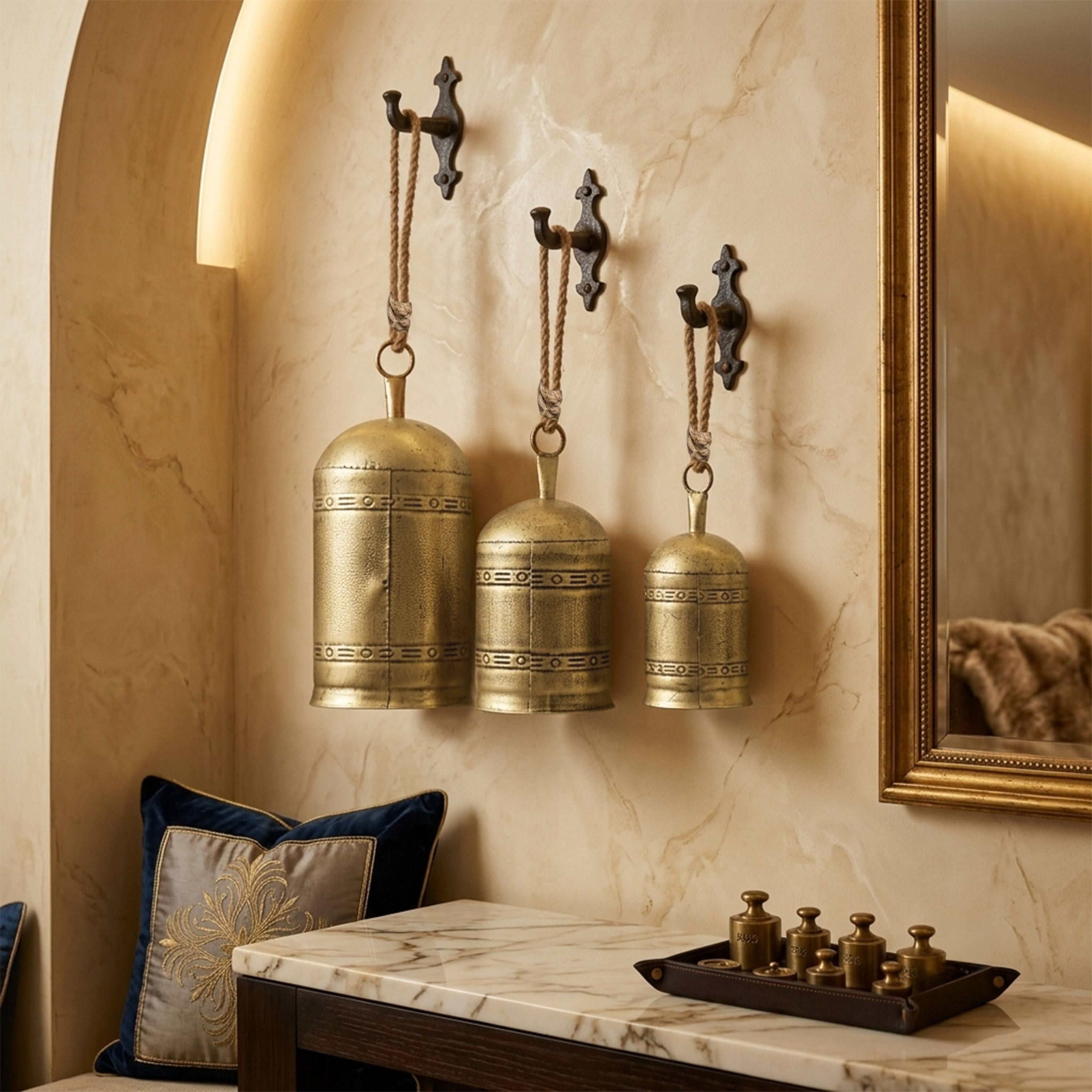 Alt View 6. Manhattan Lane - 3 Piece Cowbell Set, Etched Antique Iron with Jute Rope, Organic Decor - Antique Gold, Natural Brown.
