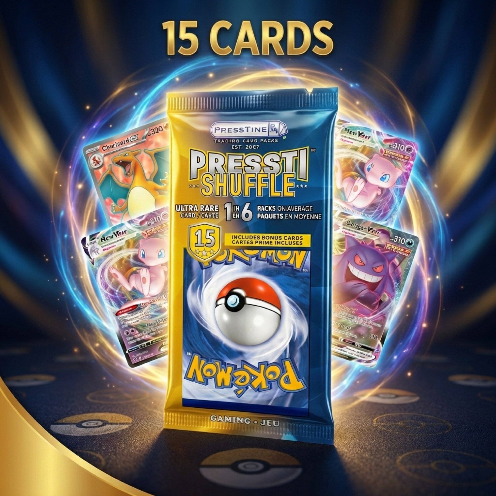 15 CARDS

330 PRESSTINE New D CAVO PACKS Varr TRADING Cheriseid EST. 207

910 S E e PRESSTI DUC SHUFFLE ...

+ ULTRA RARE IN RACKS ONIAVERAGE a S10 10 CARO I CARTE 1 1 EN 6 PAQUETS EN MOYENNE R COEA G-6 Vour RISNE Ve Ncw 15 INCLUDES BONUS CARDS Can CARTES PRIME NCLUSES 310 RA EAAR 2 SOA 20G -  2 M CALA - T 4 O -  - Faon B7g - - AT Cme - S)  PoKeMoN GAMING JEU
