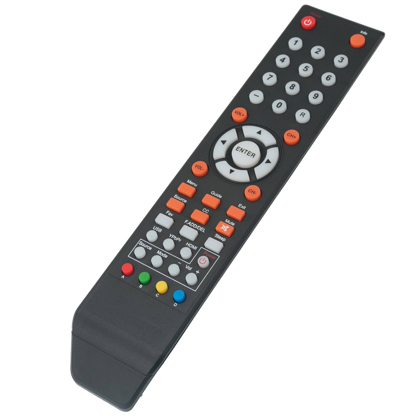 Sure, here is the corrected and grouped text from the image:

**Top Row:**
- Info

**Number Pad:**
- 1 2 3
- 4 5 6
- 7 8 9
- 0 R

**Volume Controls:**
- VOL+ (red)
- VOL- (red)

**Channel Controls:**
- CH+ (red)
- CH- (red)

**Central Section:**
- ENTER (with directional arrows)

**Bottom Row:**
- Menu (red)
- Guide (red)
- Exit (red)
- Mute (red)
- Sleep (red)

**Additional Buttons:**
- Fav
- CC
- FADD/DEL
- USB
- YPbPr
- HDMI
- Power (red)
- Source
- Mode
- C Val + (red)
- C Val - (red)

**Color Buttons:**
- A (red)
- B (green)
- C (yellow)
- D (blue)