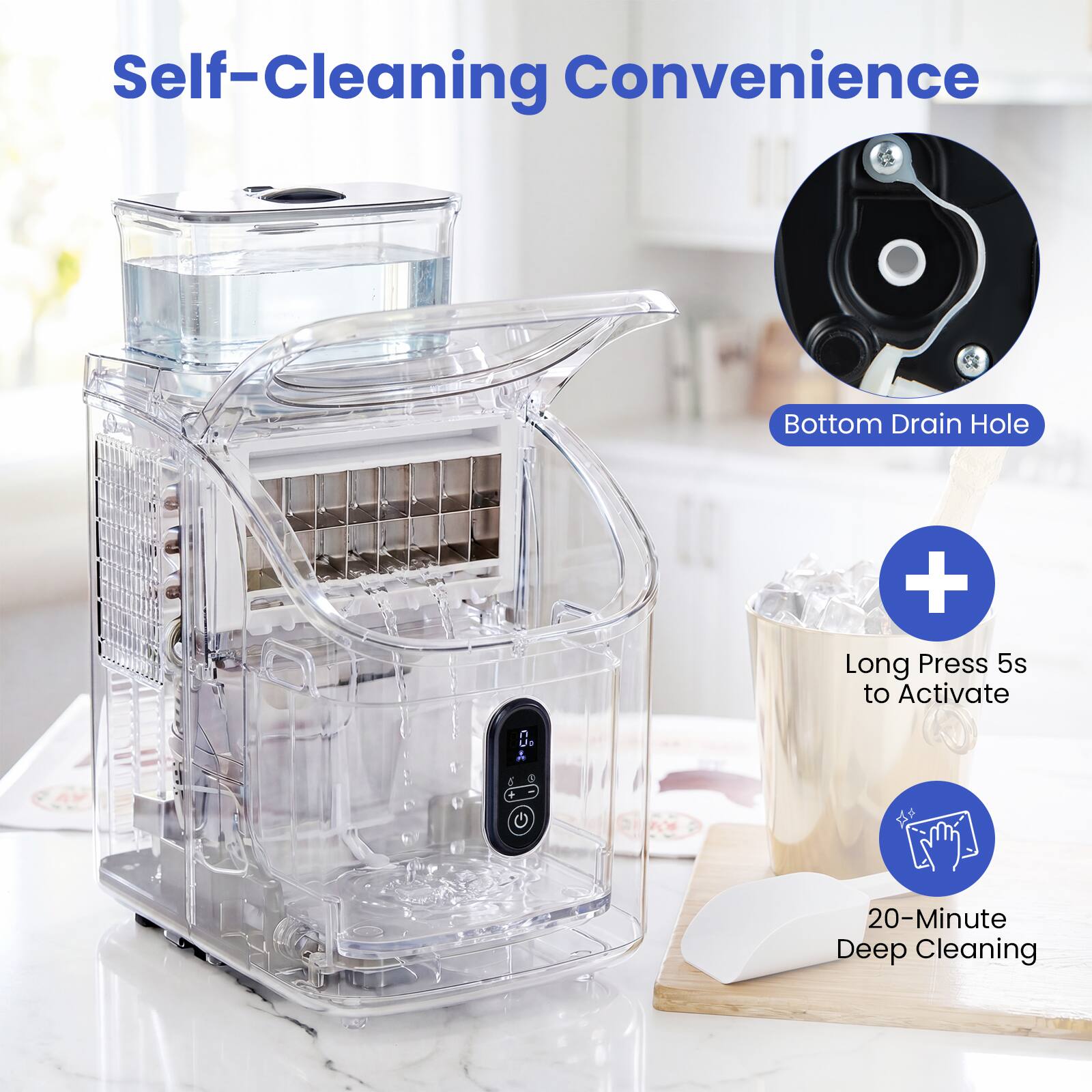 Self-Cleaning Convenience

Bottom Drain Hole

Long Press 5s to Activate

20-Minute Deep Cleaning