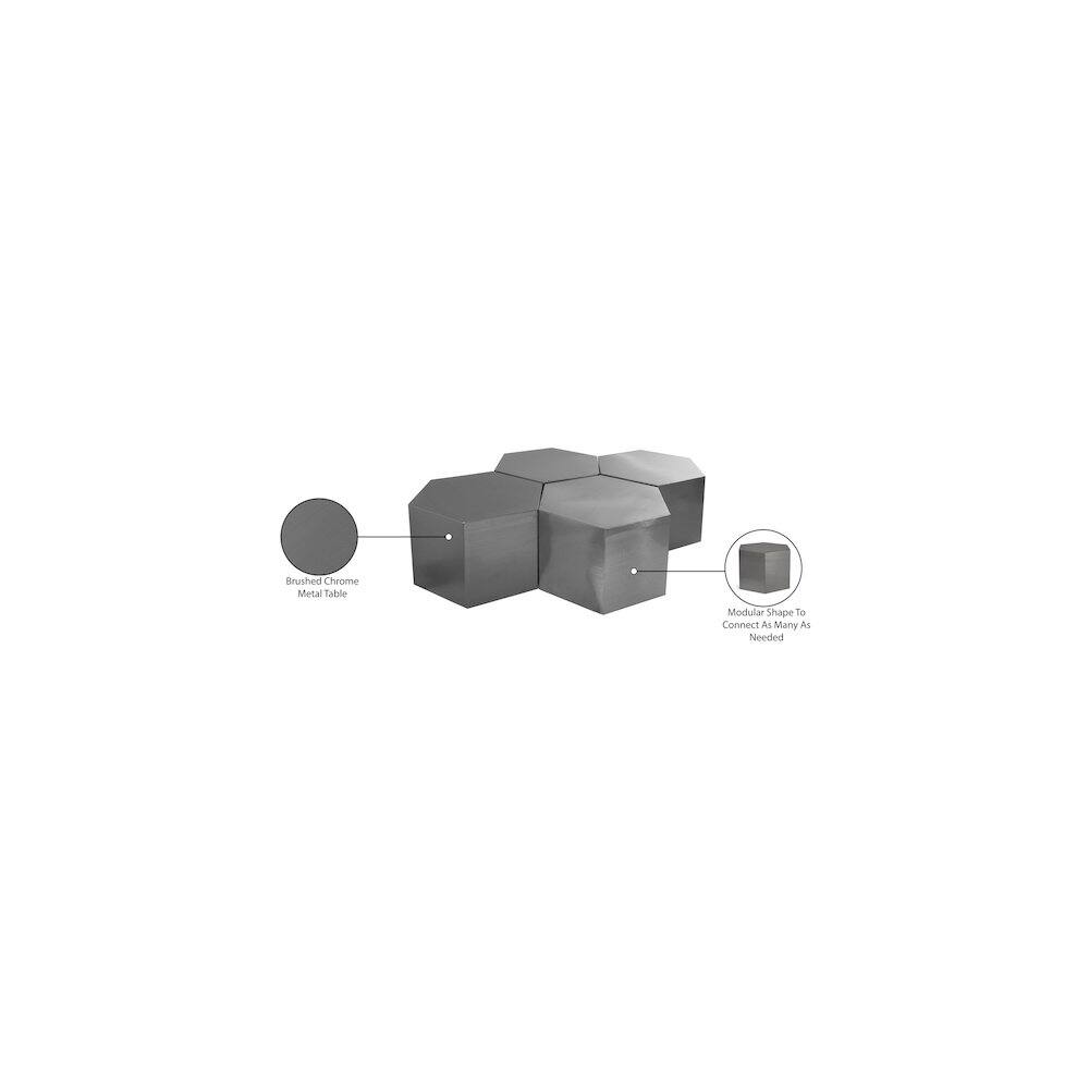 - Brushed Chrome Metal Table
- Modular Shape to Connect As Many As Needed