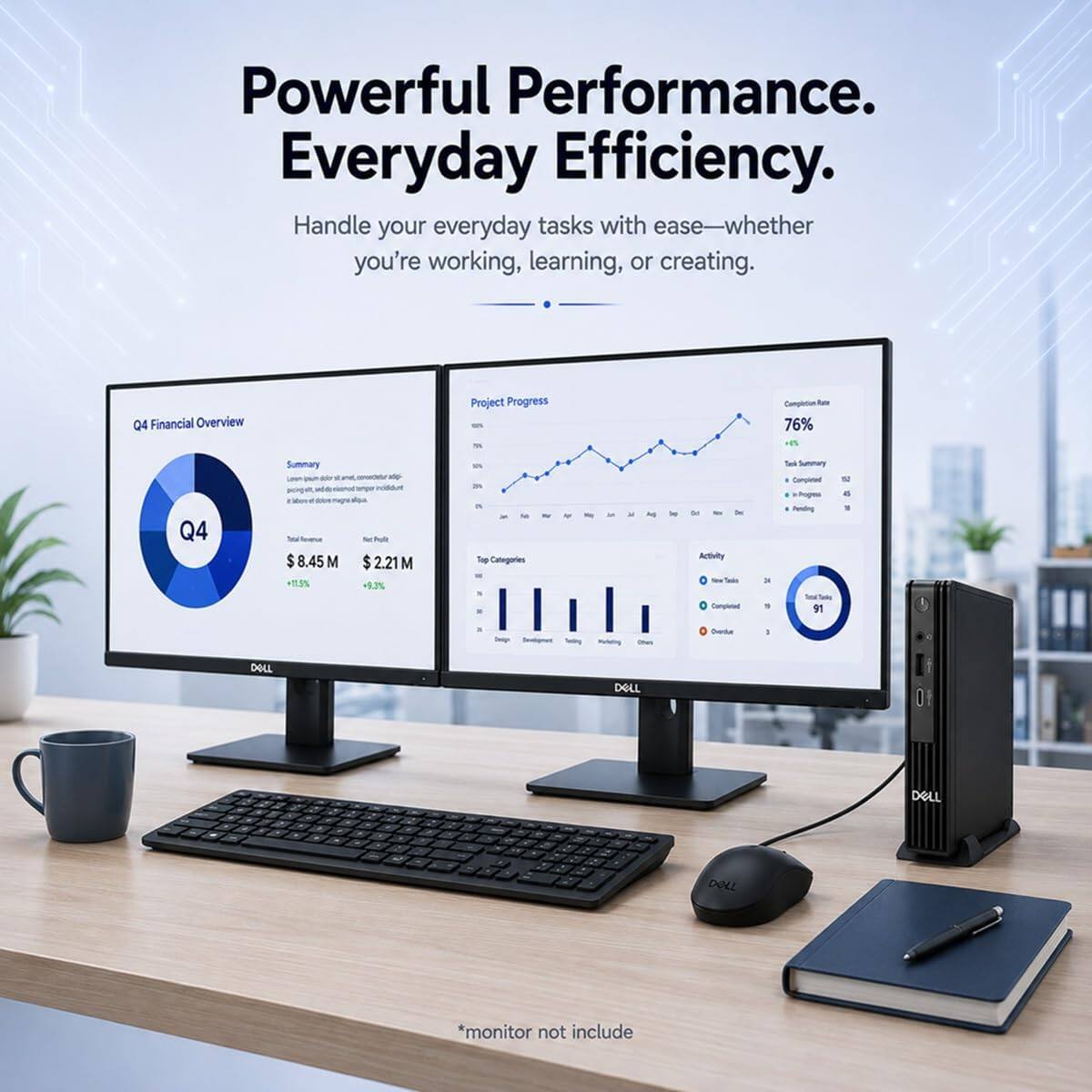 Powerful Performance. Everyday Efficiency.  
Handle your everyday tasks with ease—whether you're working, learning, or creating.

Q4 Financial Overview  
Summary: $8.45M (+11.5%)  
Net Profit: $2.21M (+9.3%)

Project Progress  
76% (+4%)

Top Categories  
LA  
kc  
Avg  
Del In Activity  
DA  
Sal Summary Completed Pogesa Pending  
N & #  
Completed: 9  
Meleting: 51  
Overdue: 2

*monitor not include
