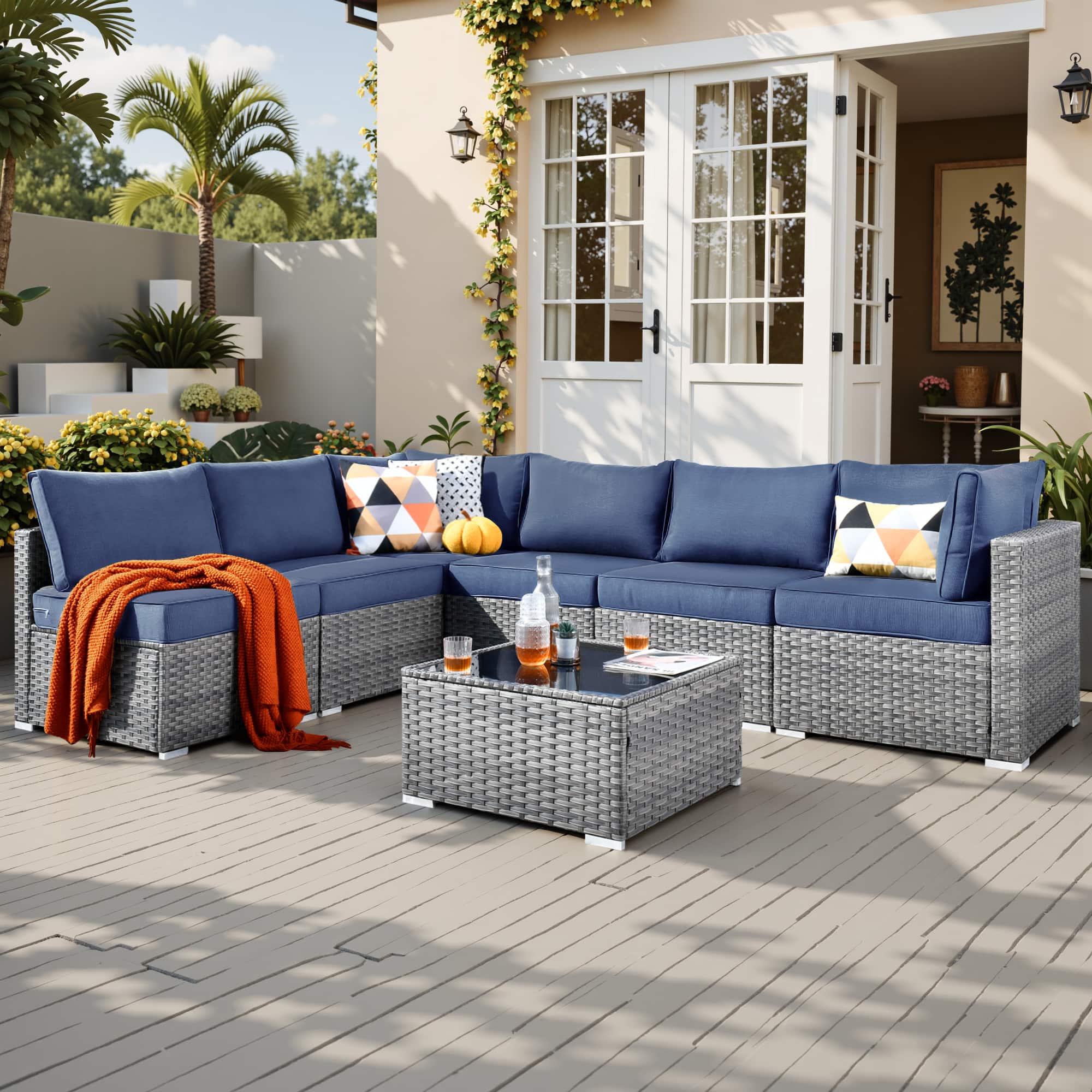 Ovios - 7 PCS Patio Furniture Outdoor Sofa Sets with Wicker, Cushions and Coffee Table for Garden, Backyard and Balcony - Denim Blue