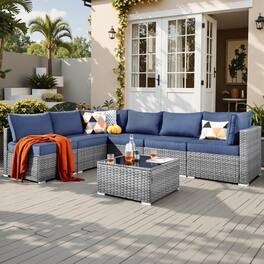 Ovios - 7 PCS Patio Furniture Outdoor Sofa Sets with Wicker, Cushions and Coffee Table for Garden, Backyard and Balcony - Denim Blue