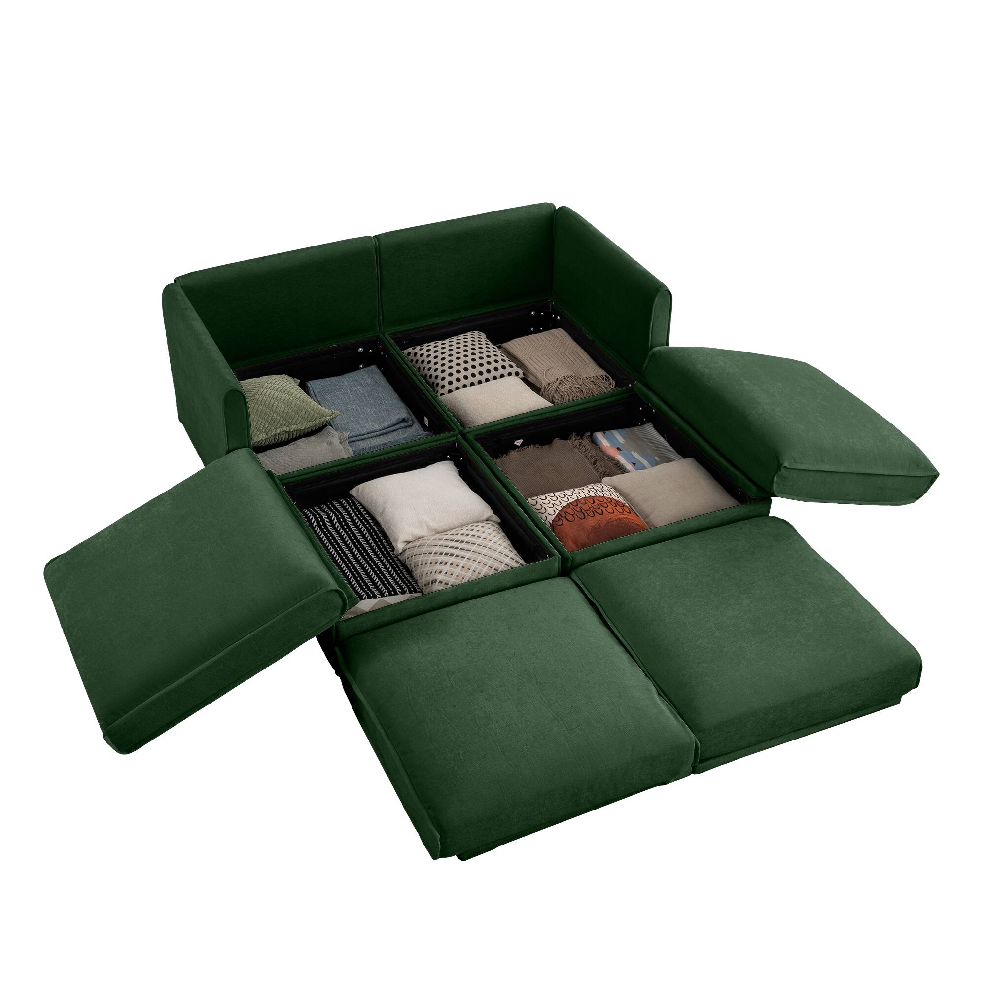 Left. Anysun - Chenille 2-Seater Loveseat with 2 Ottoman Storage - Cylindrical Backrest & Armrests, Modern Hidden Storage Design - Green.