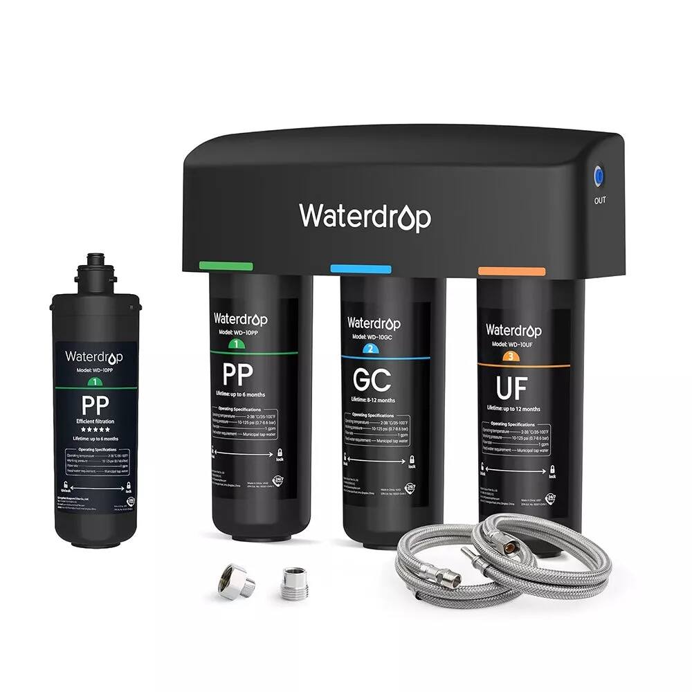 Waterdrop - TSA-UF 0.01 μm Ultra Filtration Under Sink Water Filter System, 9 Stage Filtration, Extra WD-10PP Replacement Filter - Black