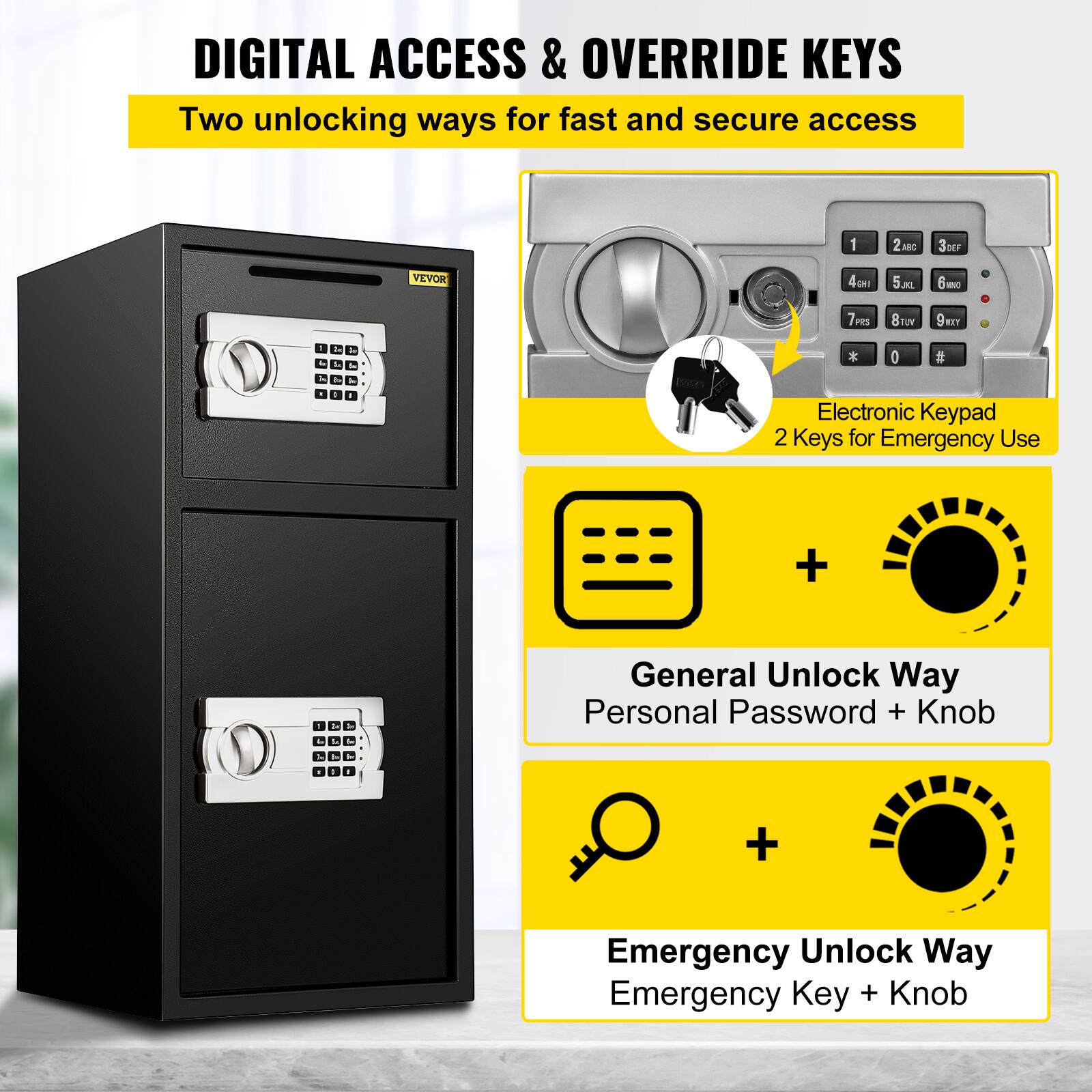 DIGITAL ACCESS & OVERRIDE KEYS Two unlocking ways for fast and secure access

1 2ABC 3EF 4GH 5KL 6MN 7RS 8TU 9VW 0 * # General Unlock Way Personal Password + Knob

Emergency Unlock Way Emergency Key + Knob