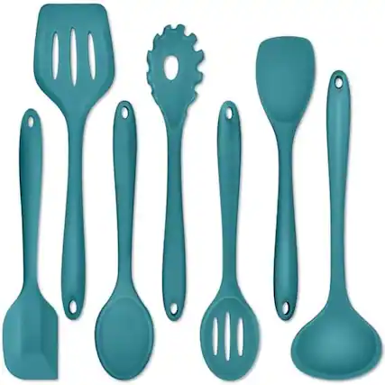 Front. RTMB - Nontoxic Spatula Set in Khaki comes with ten silicone cooking utensils - Blue.