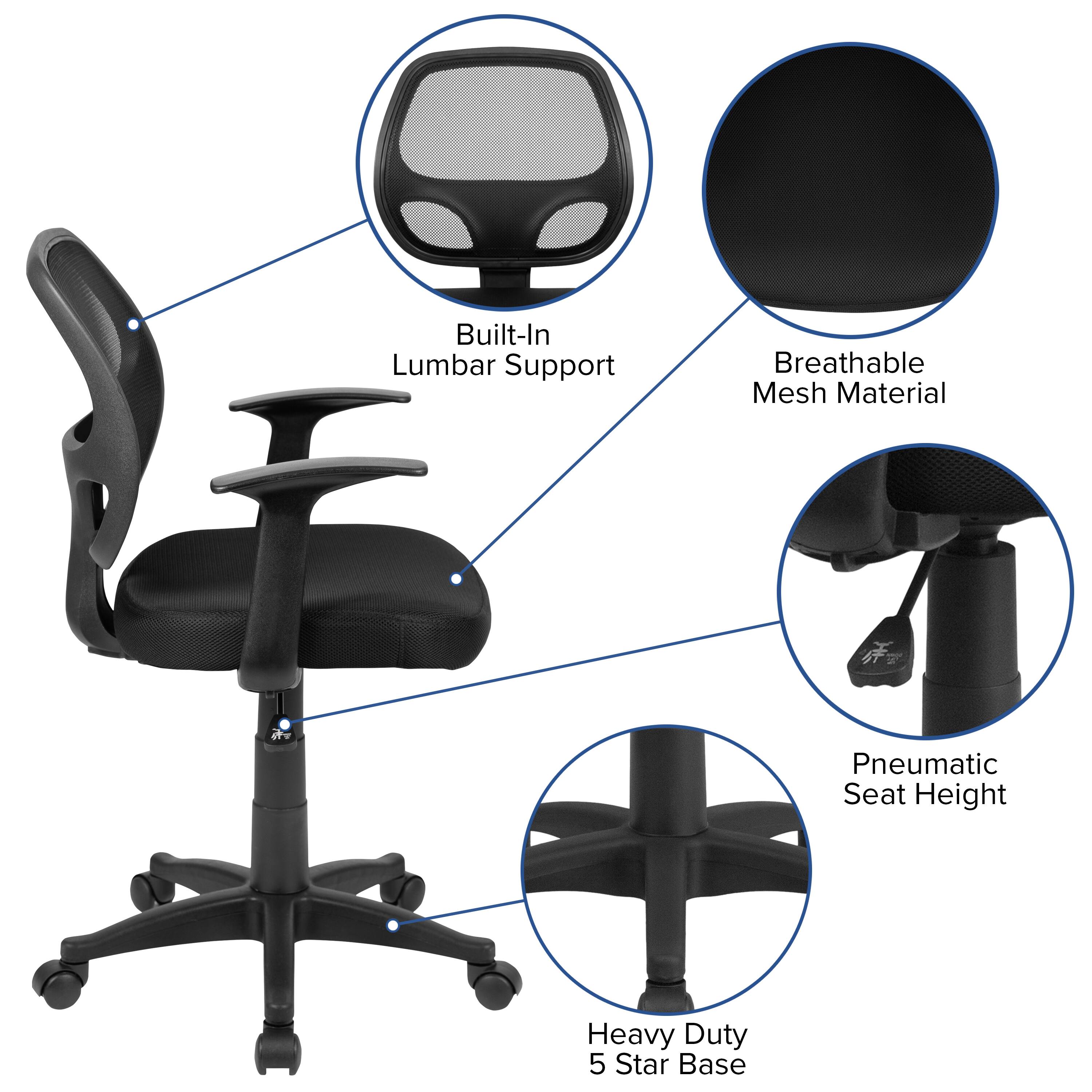 Built-In Lumbar Support  
Breathable Mesh Material  
Pneumatic Seat Height  
Heavy Duty 5 Star Base