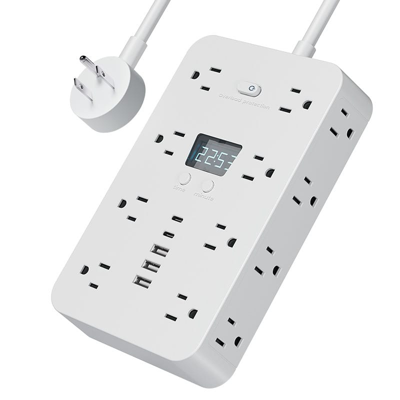 SKYON - Flat Plug Extension Cord, 9.8ft Power Strip with 5 USB Ports(2 USB C), 4 Widely Outlets Extender, Wall Mount, Desk Charg - White