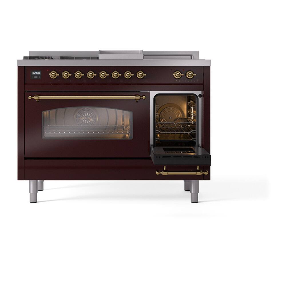 Alt View 6. ILVE - ILVE Nostalgie II Series 48 in. Dual Fuel Range with 5 Sealed Burners + Griddle (Natural Gas, Brass Trim) - Burgundy.