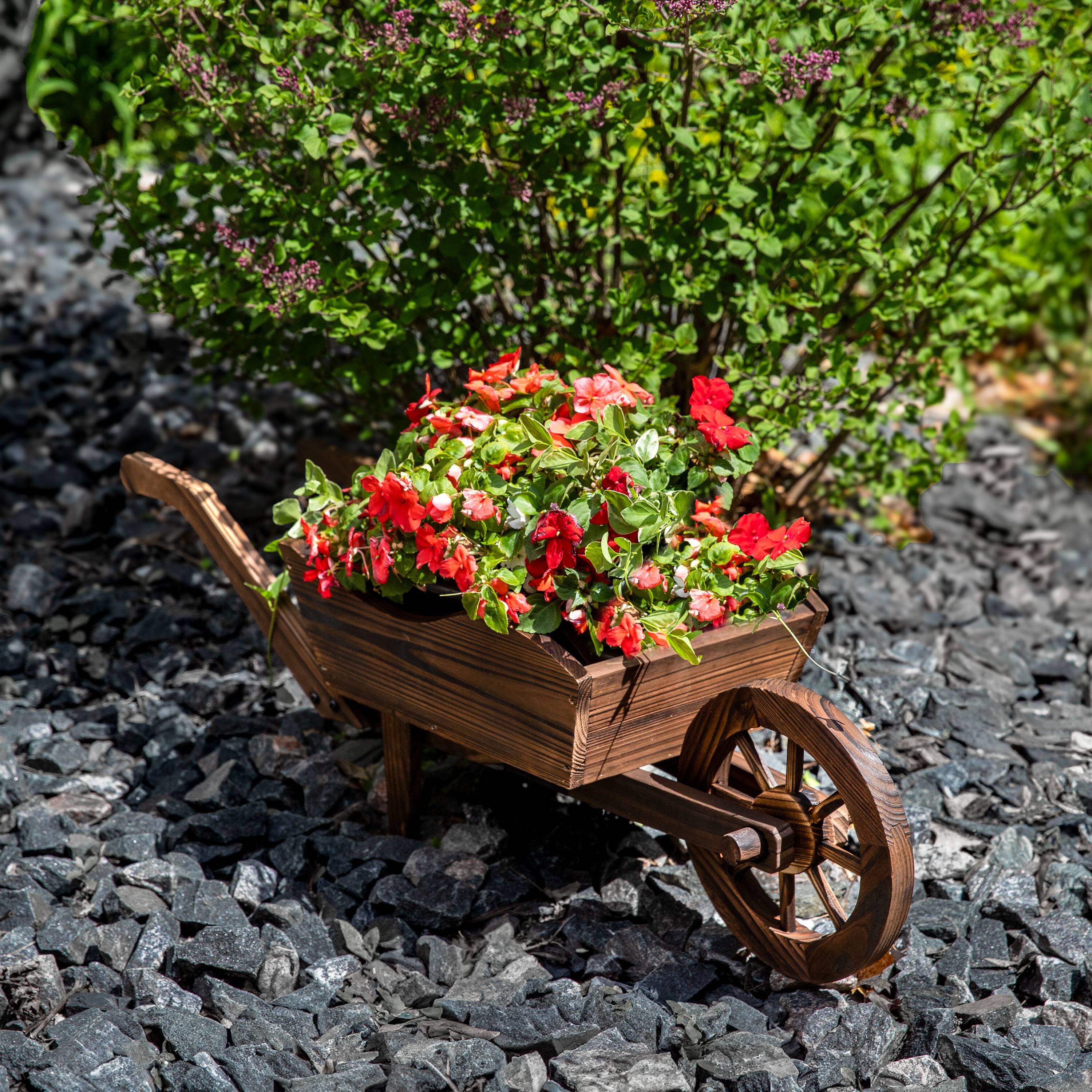 Alt View 4. Sunnydaze - Natural Wooden Fir Decorative Wheelbarrow Garden Planter - Brown.