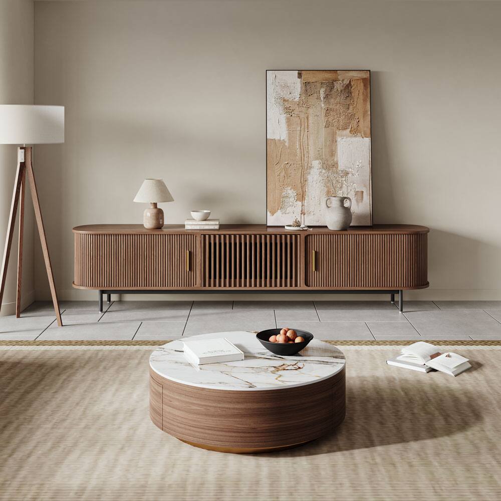 Alt View 1. POVISON - 39" Fully Assembled Wood Modern Round Drum Sintered Stone Coffee Table with 2 Drawers, Walnut & White - Walnut & White.