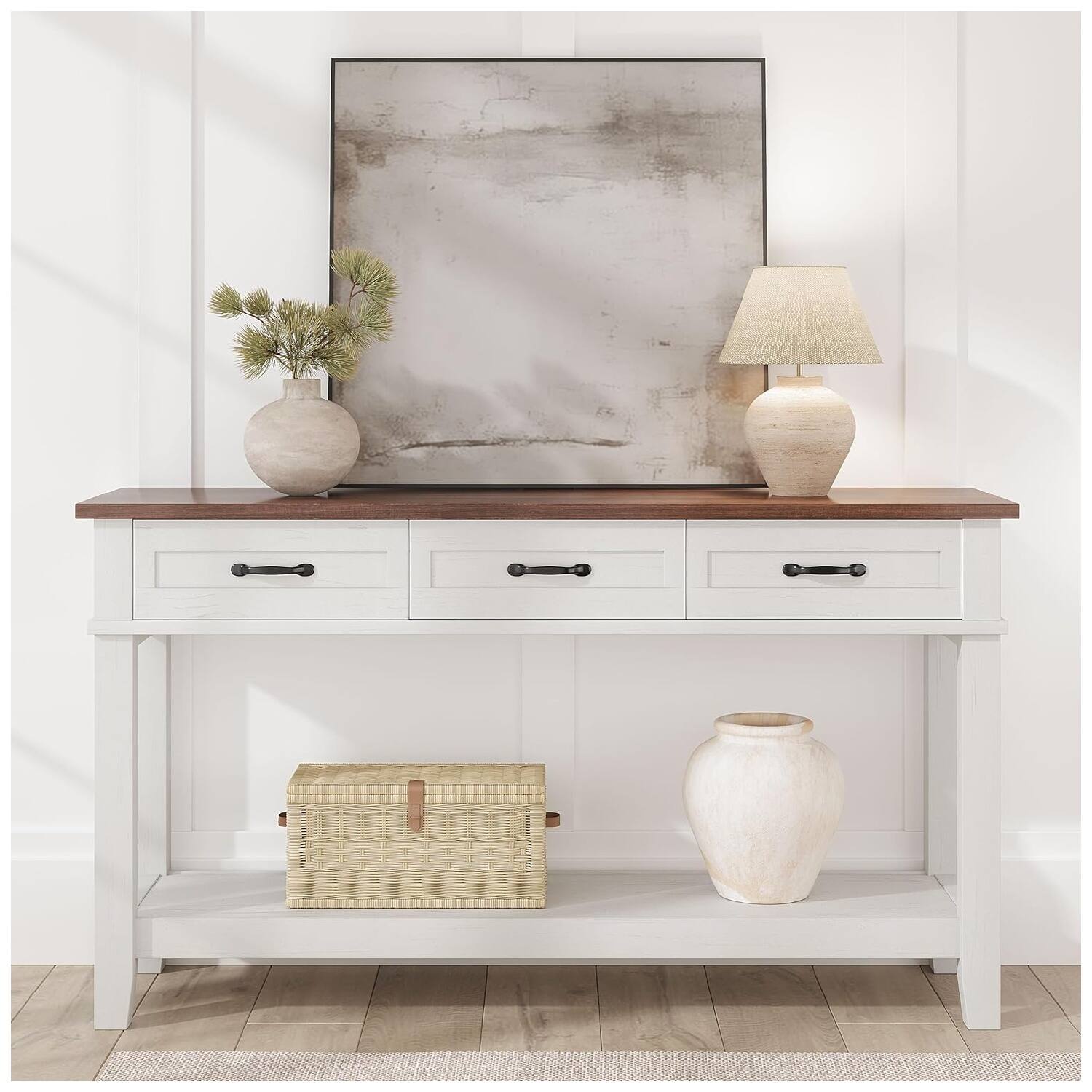 Front. GARVEE - Entryway Table, Console Table with 3 Storage Drawers, Hallway Tables for Entryway - Brown and White.