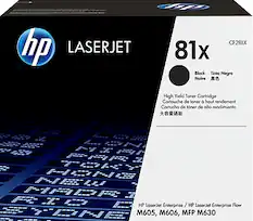 HP LASERJET CF281X 81X Black Tinta Negra Noire
High Yield Toner Cartridge Cartouche de toner de haut rendement Cartucho de toner de alto rendimiento
HP LaserJet Enterprise / HP LaserJet Enterprise Flow M605, M606, MFP M630