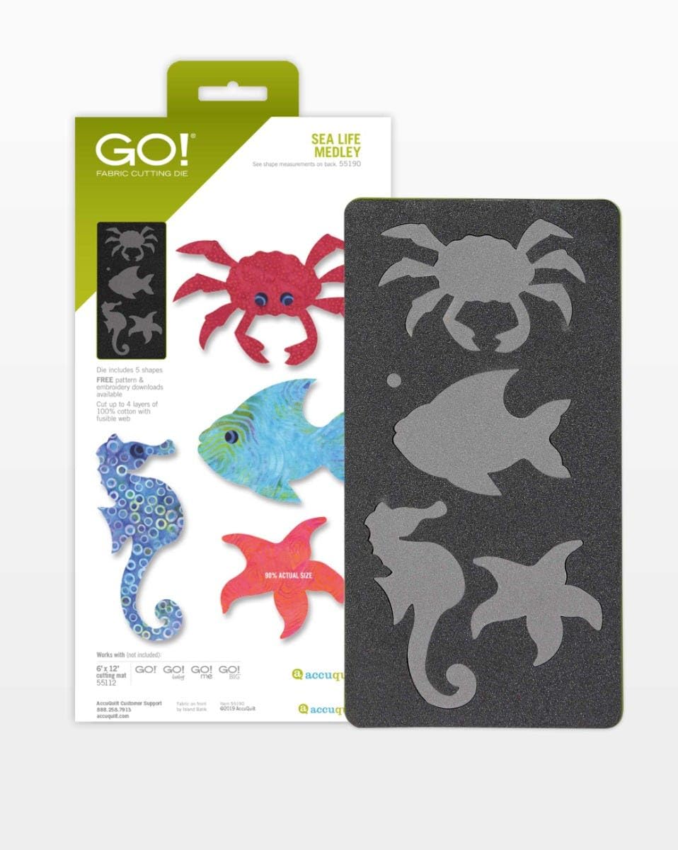 GO! FABRIC CUTTING DIE
See shape measurements on back.
SEA LIFE MEDLEY - 55190
Die includes 5 shapes
FREE pattern & embroidery downloads available
Cut up to 4 layers of 100% cotton with fusible web
80% ACTUAL SIZE
Works with hot mat included:
6"x12"
GO! GO! GO! GO!
AccuQuilt Customer Support
888.255.7913
accuquilt.com