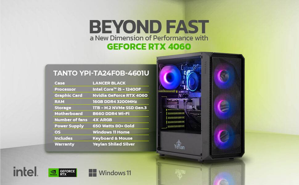 YEYIAN Gaming PC. Core i5 12400F, NVIDIA RTX 4060, 1TB NVMe, 16GB