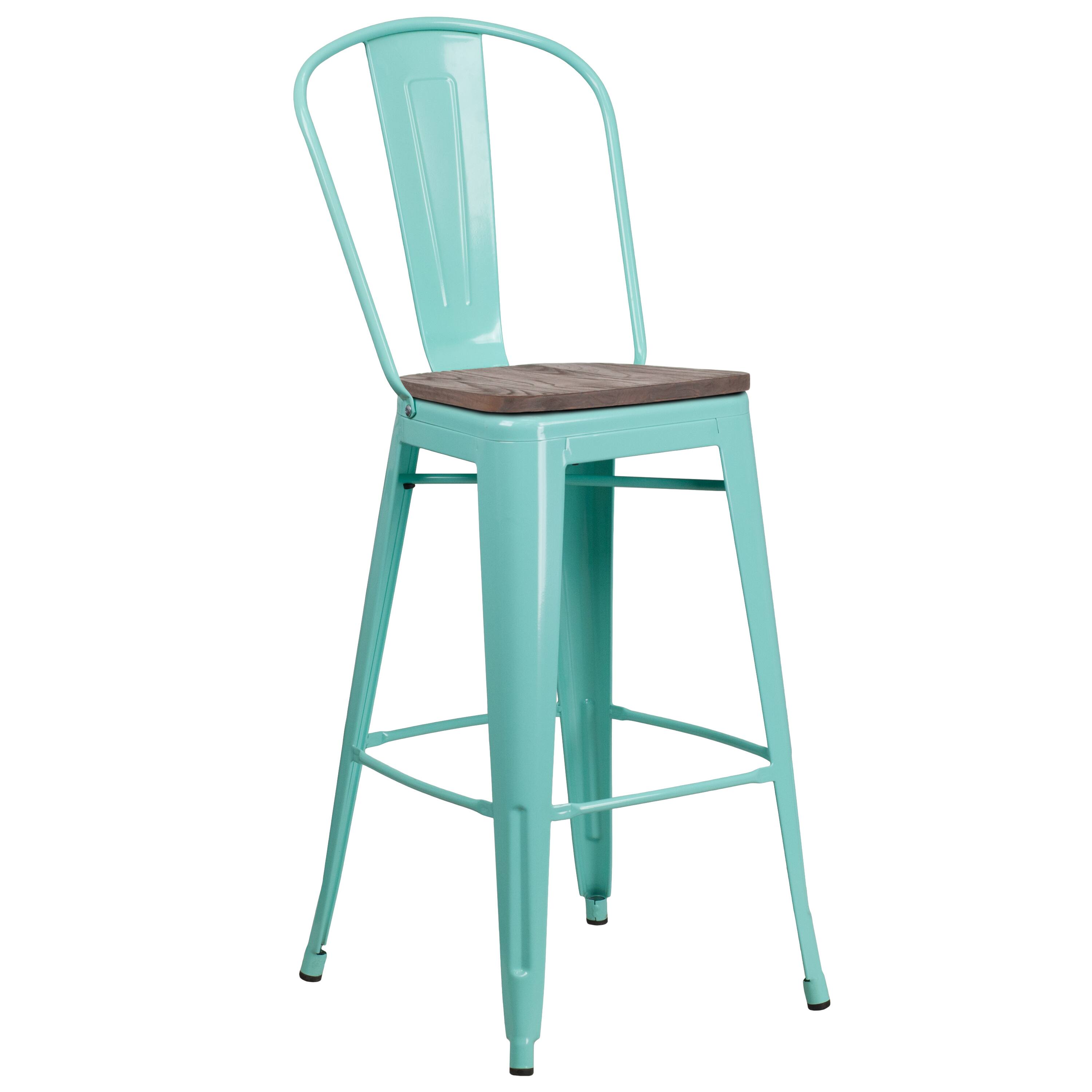 Alt View 1. Emma + Oliver - 30"H Metal Dining Barstool with Back and Wood Seat - Mint Green.