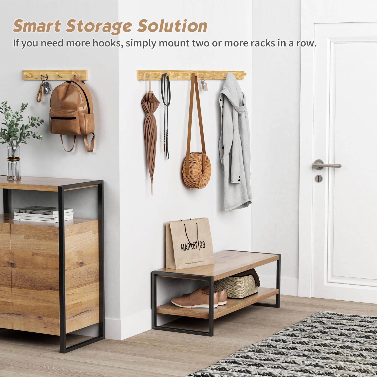 Smart Storage Solution  
If you need more hooks, simply mount two or more racks in a row.